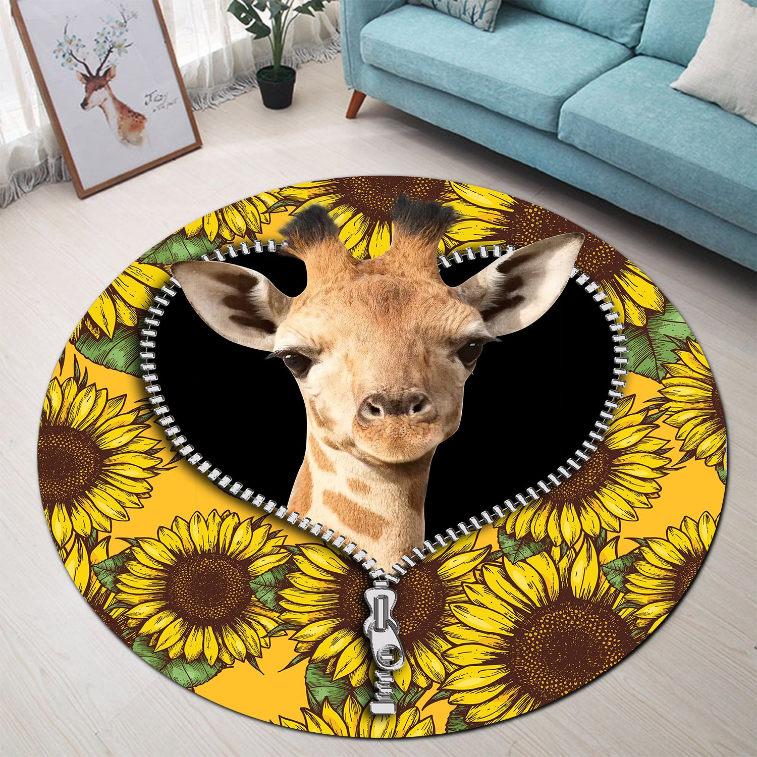 Giraffe Sunflower Zipper Round Carpet Rug Bedroom Livingroom Home Decor Nearkii