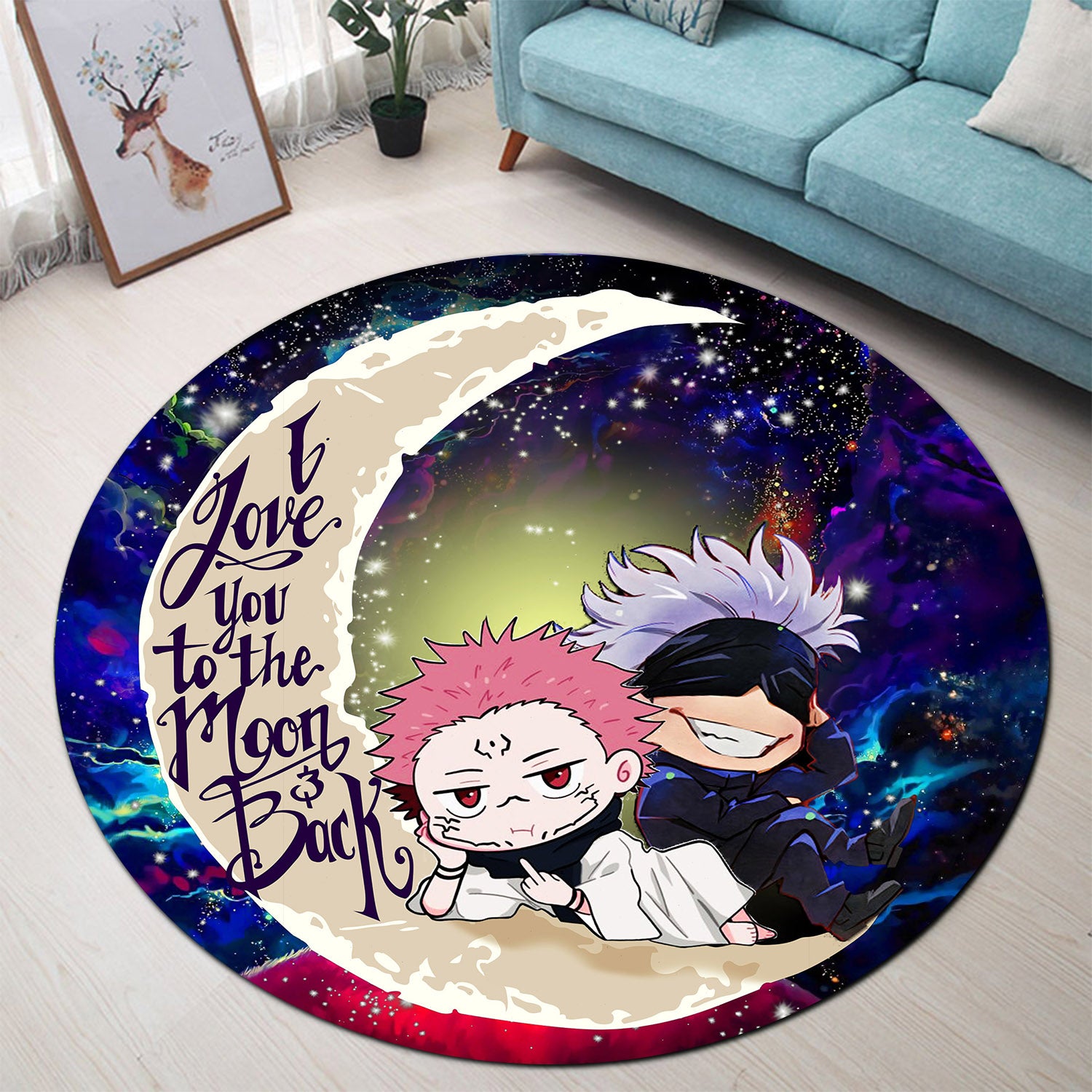 Jujutsu Kaisen Gojo Sakuna Chibi Anime Love You To The Moon Galaxy Round Carpet Rug Bedroom Livingroom Home Decor Nearkii