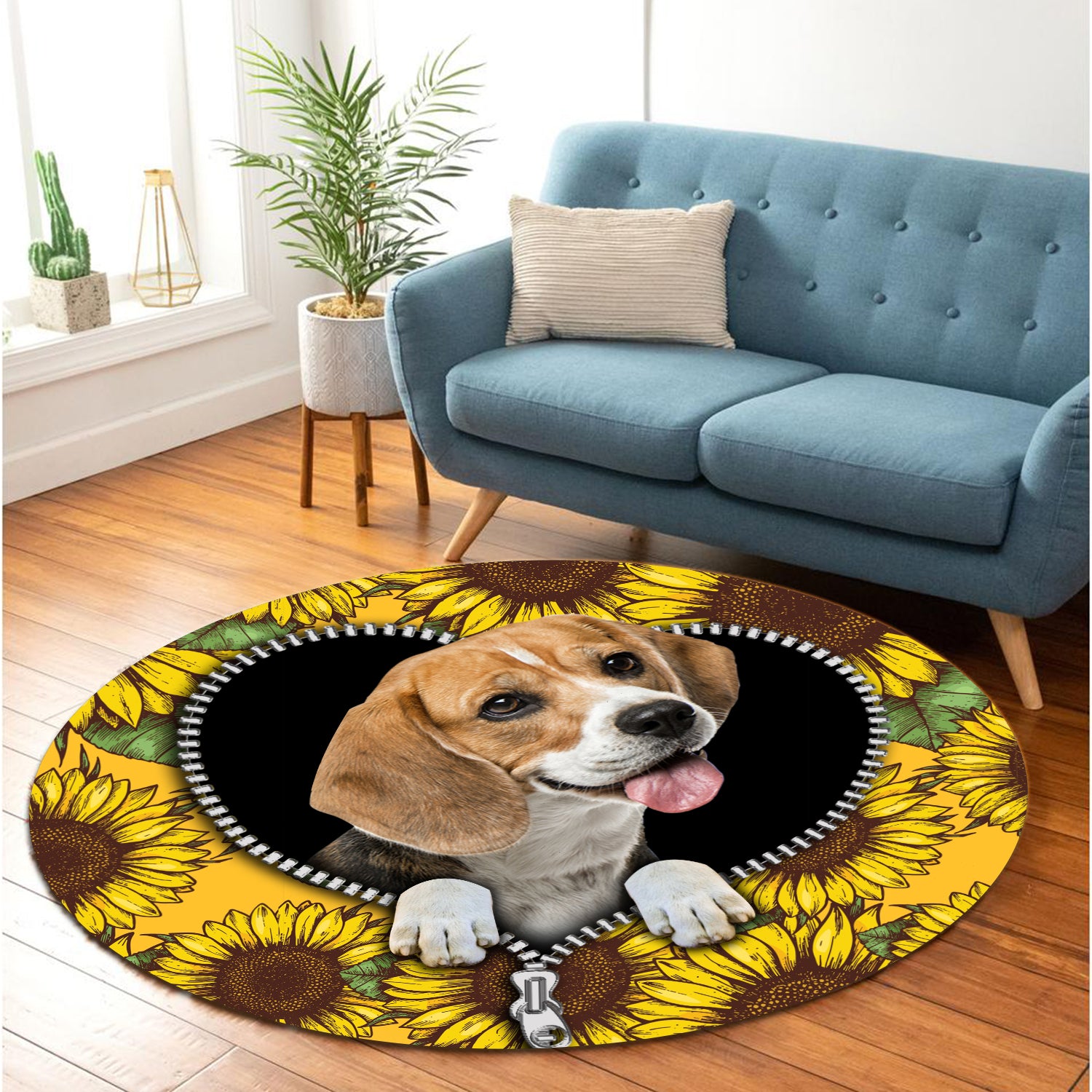 Lovely Beagle Sunflower Zipper Round Carpet Rug Bedroom Livingroom Home Decor Nearkii