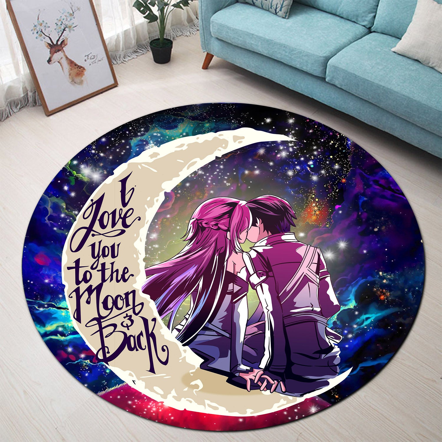 SAO Sword Art Online Asuna Kirito Love You To The Moon Galaxy Round Carpet Rug Bedroom Livingroom Home Decor Nearkii