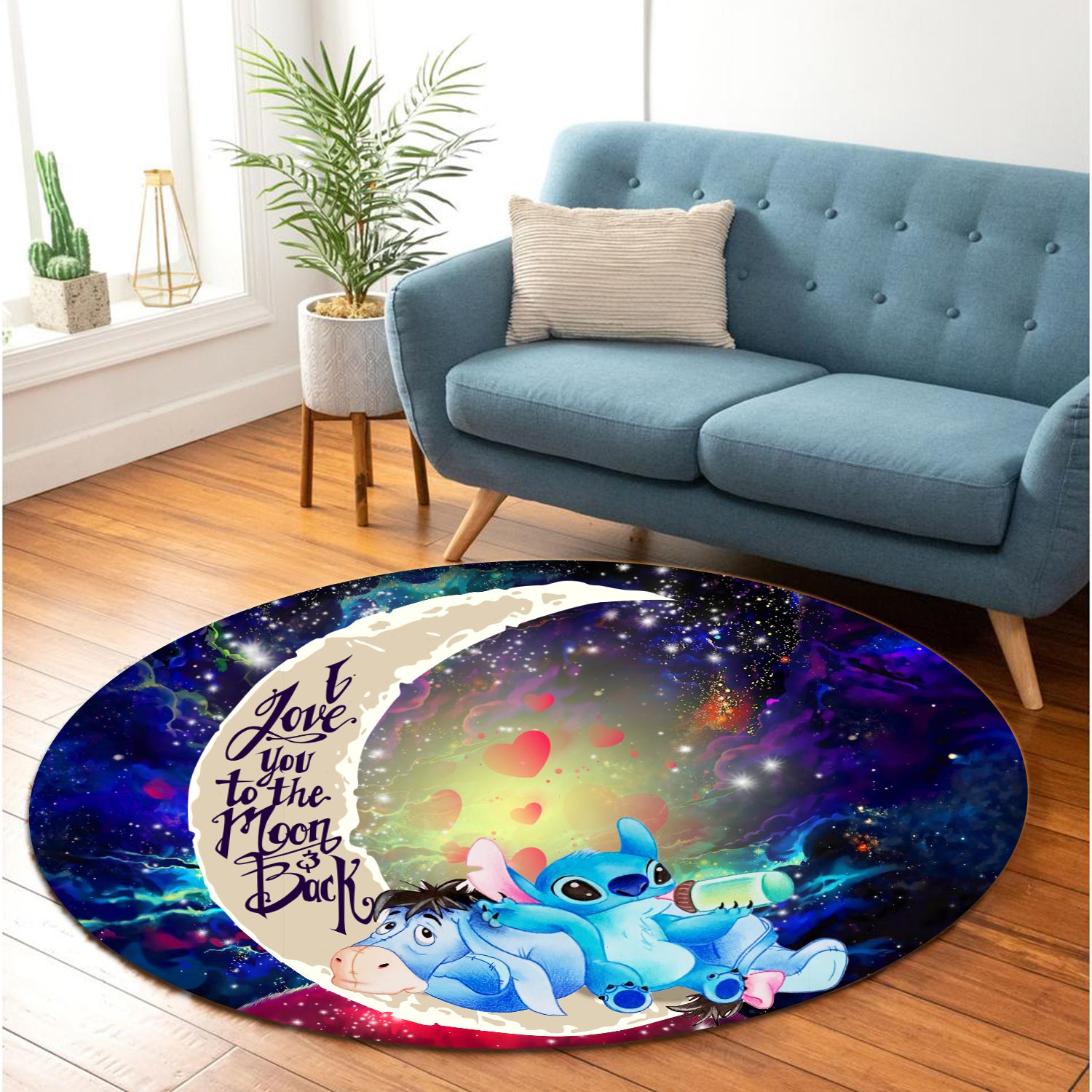 Stitch And Eeyore Couple Love You To The Moon Galaxy Round Carpet Rug Bedroom Livingroom Home Decor Nearkii