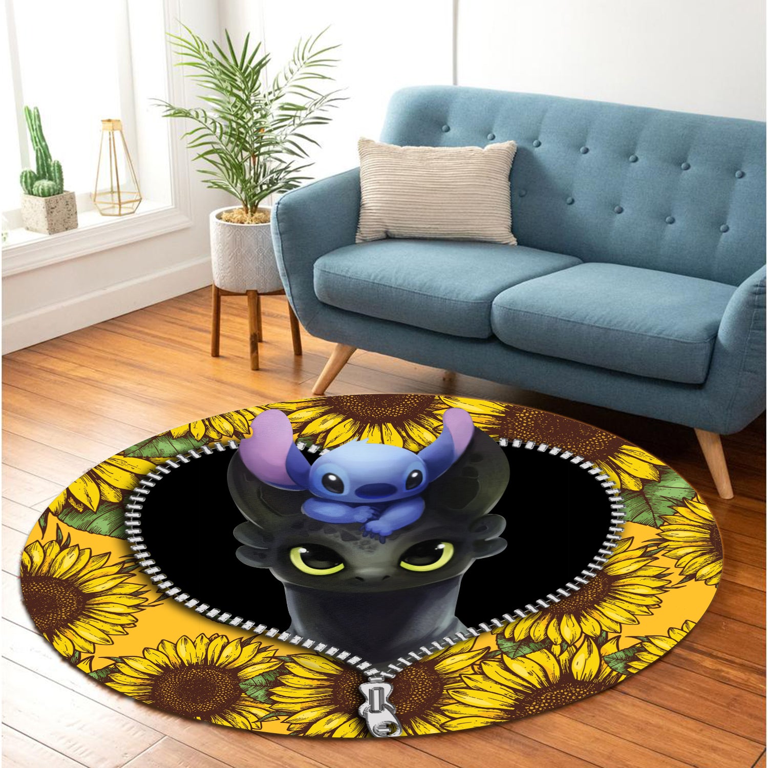 Toothless And Stitch Sunflower Zipper Round Carpet Rug Bedroom Livingroom Home Decor Nearkii