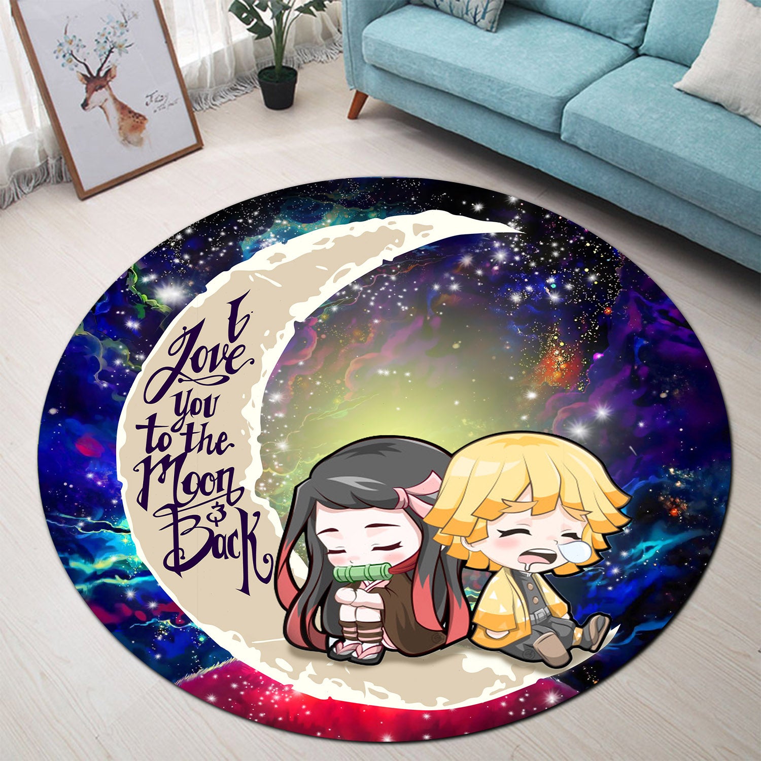 Zenitsu And Nezuko Chibi Demon Slayer Love You To The Moon Galaxy Round Carpet Rug Bedroom Livingroom Home Decor Nearkii