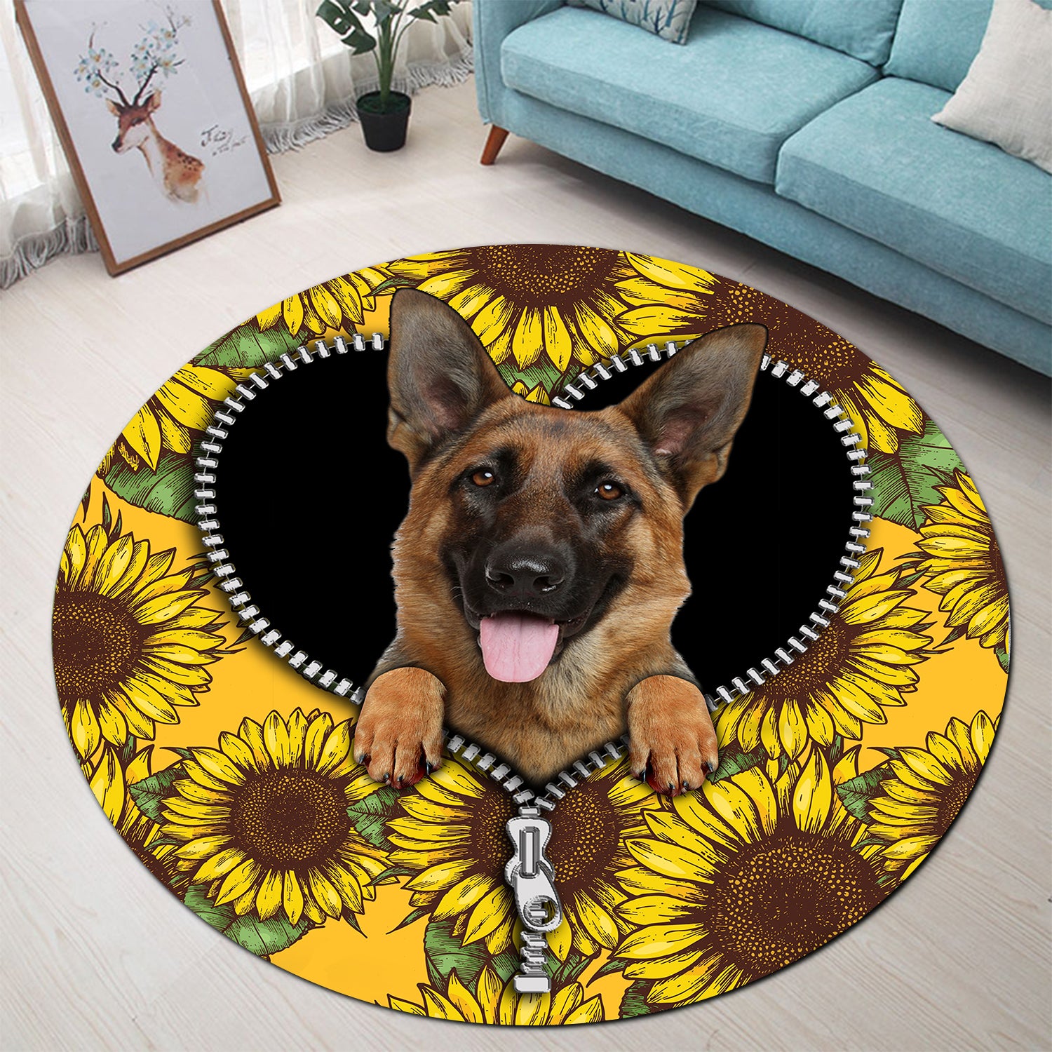 German Shepherd Sunflower Zipper Round Carpet Rug Bedroom Livingroom Home Decor Nearkii