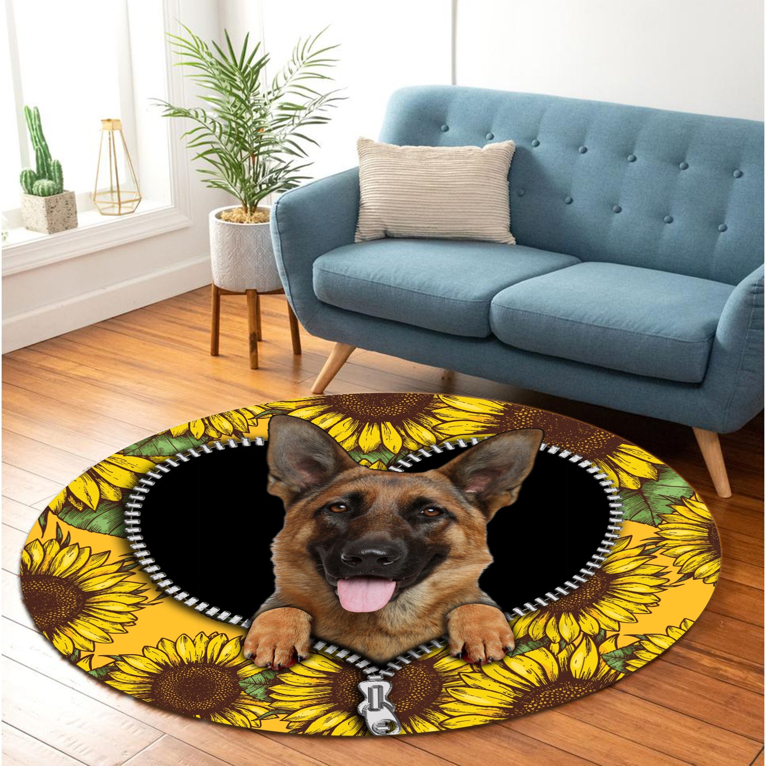 German Shepherd Sunflower Zipper Round Carpet Rug Bedroom Livingroom Home Decor Nearkii