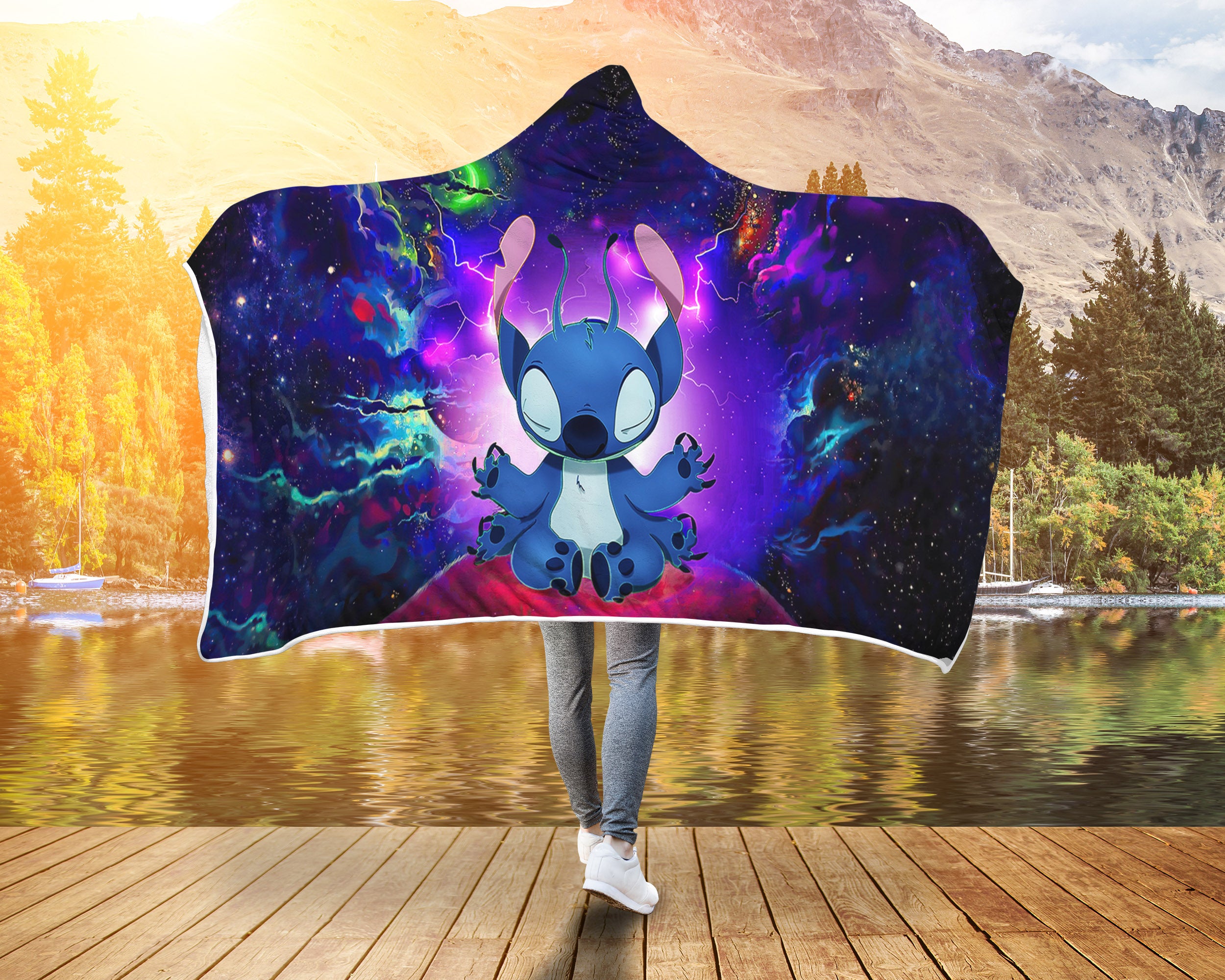 Stitch Yoga Love You To The Moon Galaxy Economy Hooded Blanket Nearkii