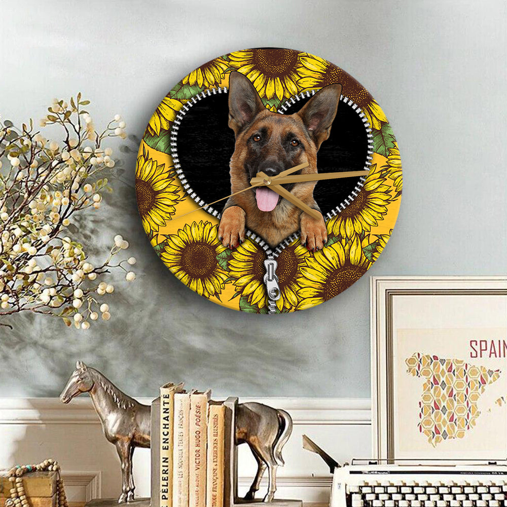 German Shepherd Sunflower Zipper Wood Wall Clock Nearkii