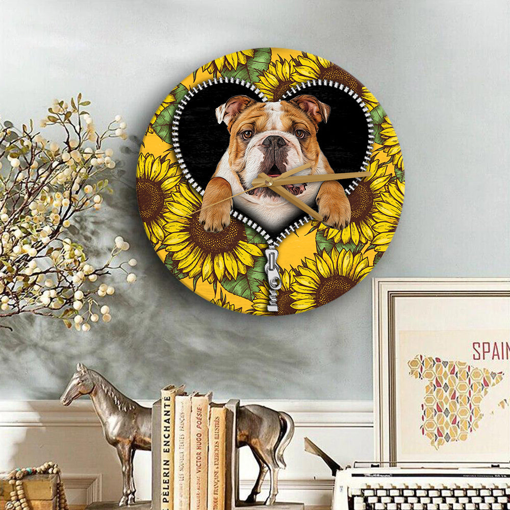 Bulldog Sunflower Zipper Wood Wall Clock Nearkii
