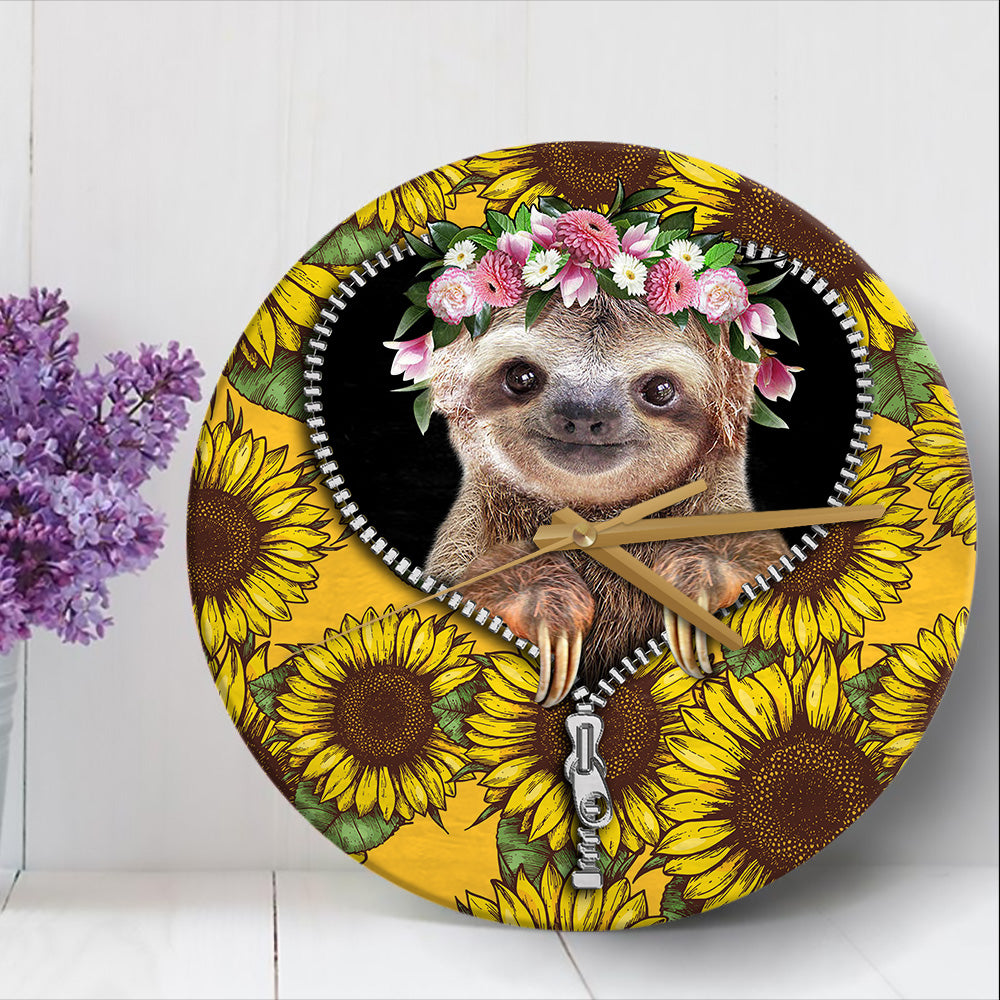 Sloth Cute Sunflower Zipper Wood Wall Clock Nearkii
