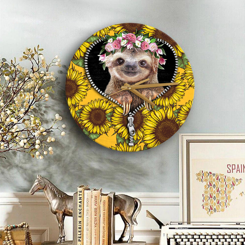 Sloth Cute Sunflower Zipper Wood Wall Clock Nearkii