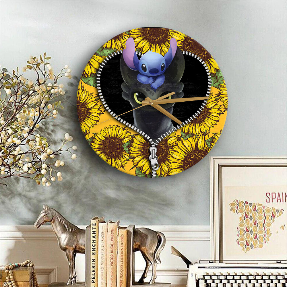 Toothless And Stitch Sunflower Zipper Wood Wall Clock Nearkii