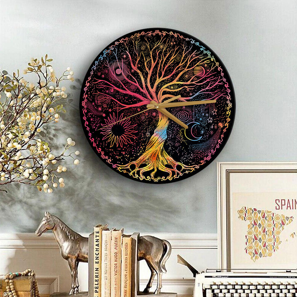 Trippy Psychedelic Tree Of Life Sun Moon Wood Wall Clock Nearkii