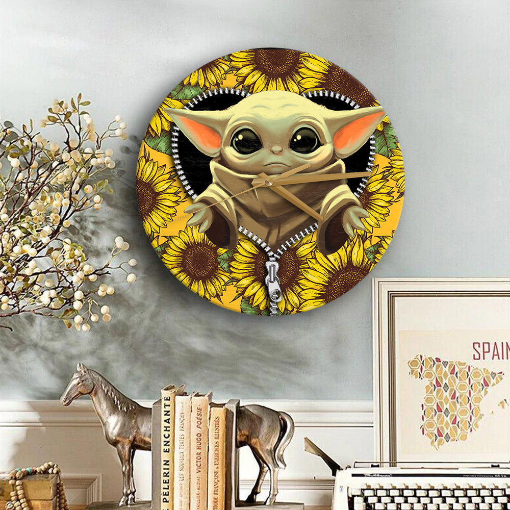 Baby Yoda Sunflower Zipper Wood Wall Clock Nearkii