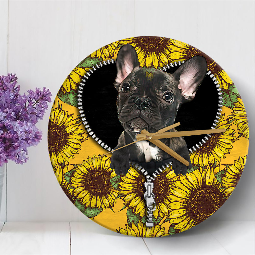 Black French Bulldog Sunflower Zipper Wood Wall Clock Nearkii