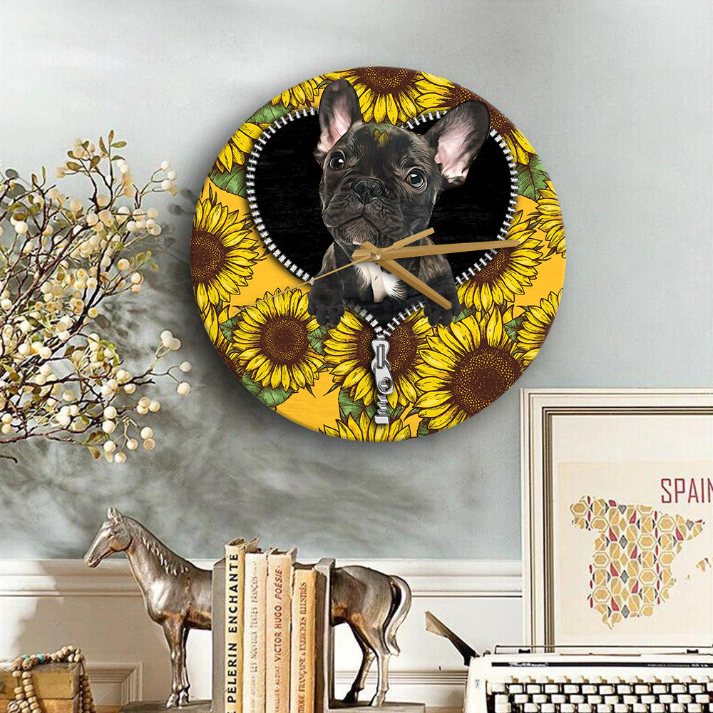 Black French Bulldog Sunflower Zipper Wood Wall Clock Nearkii