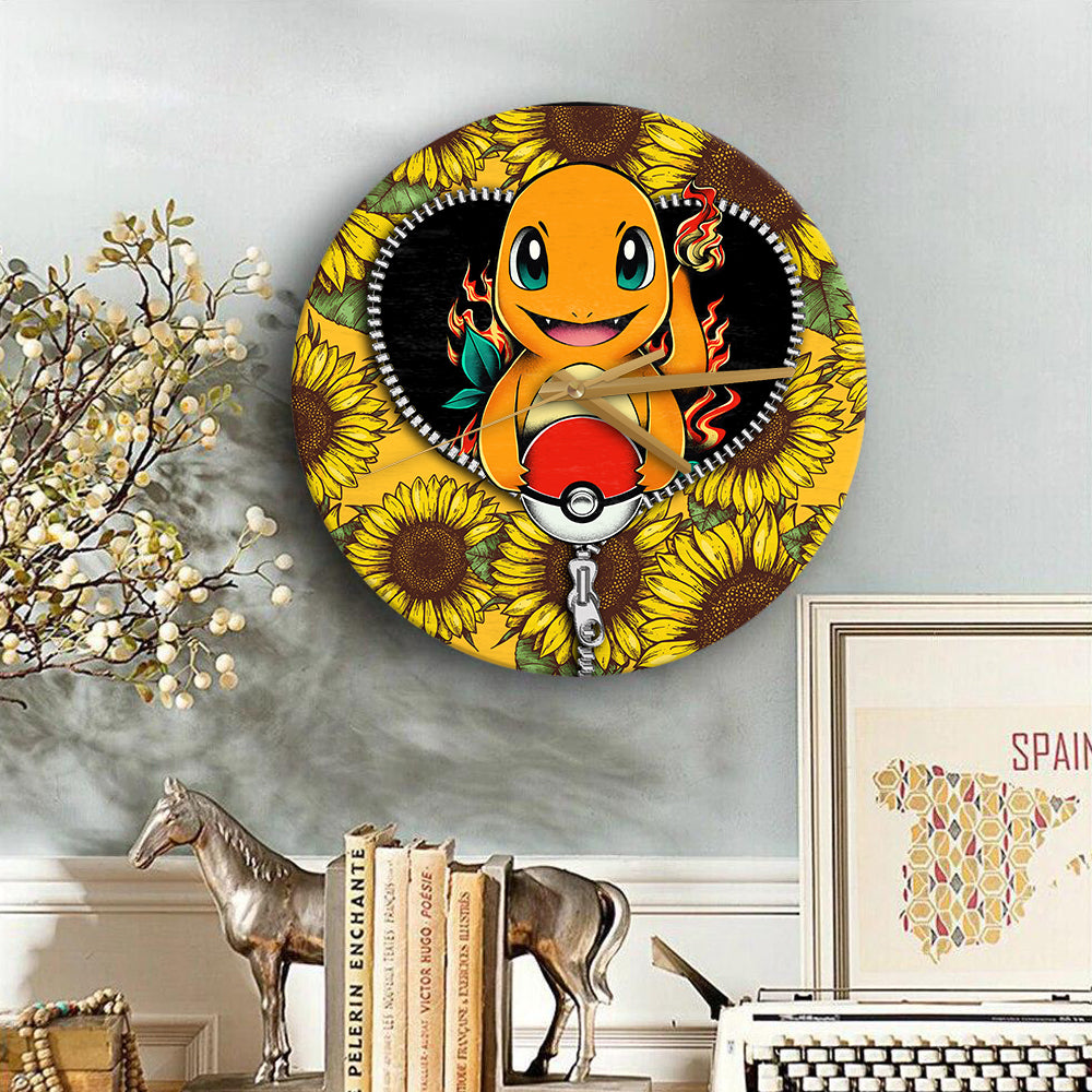 Charmander Pokemon Sunflower Zipper Wood Wall Clock Nearkii
