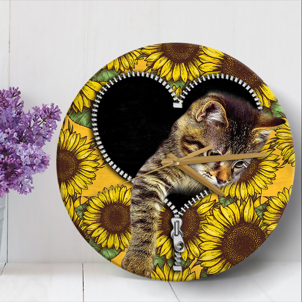 Cute Cat Sunflower Zipper Wood Wall Clock Nearkii