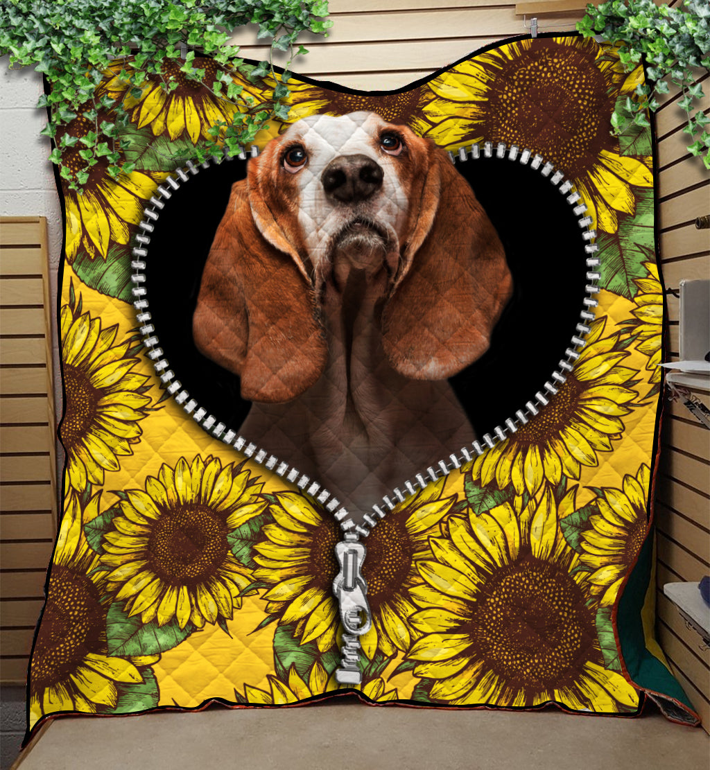 Basset Hound Sunflower Zipper Quilt Blanket Nearkii