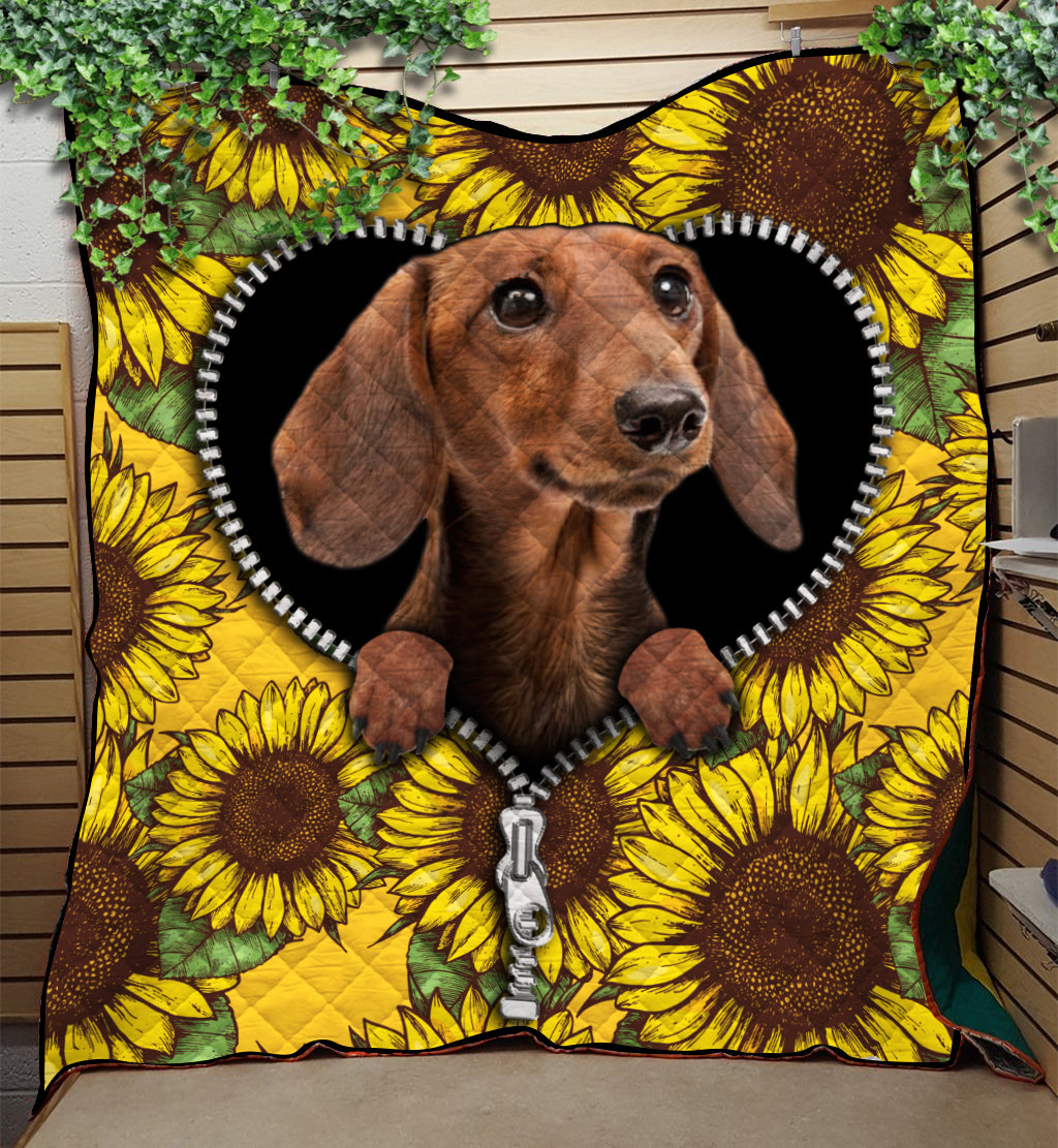 Brown Dachshund Sunflower Zipper Quilt Blanket Nearkii