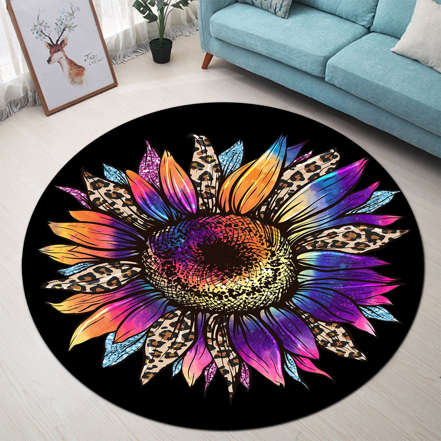Colorful Cheetah Sunflower Round Carpet Rug Bedroom Livingroom Home Decor Nearkii