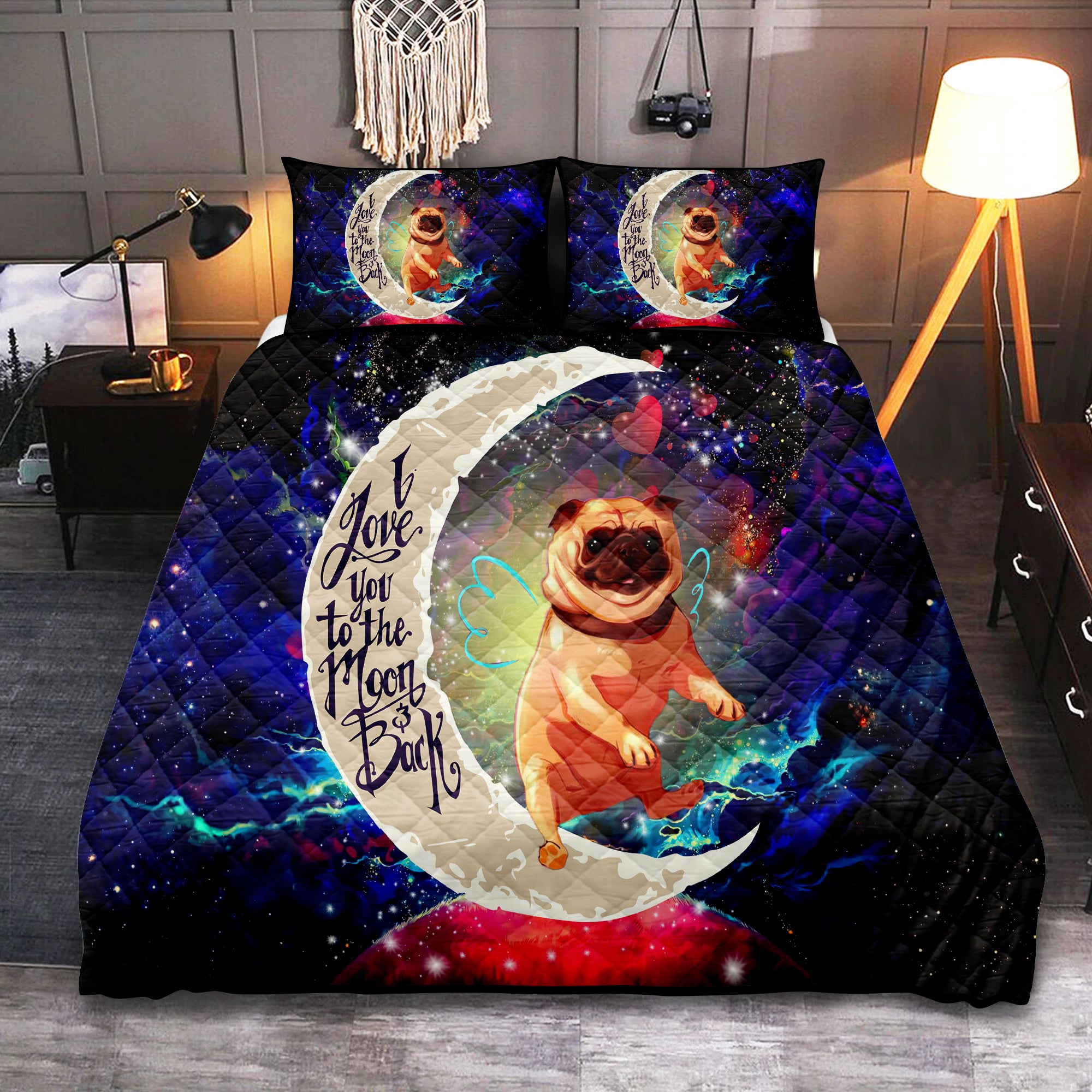Cute Bull Dog Love You To The Moon Galaxy Quilt Bed Sets Nearkii