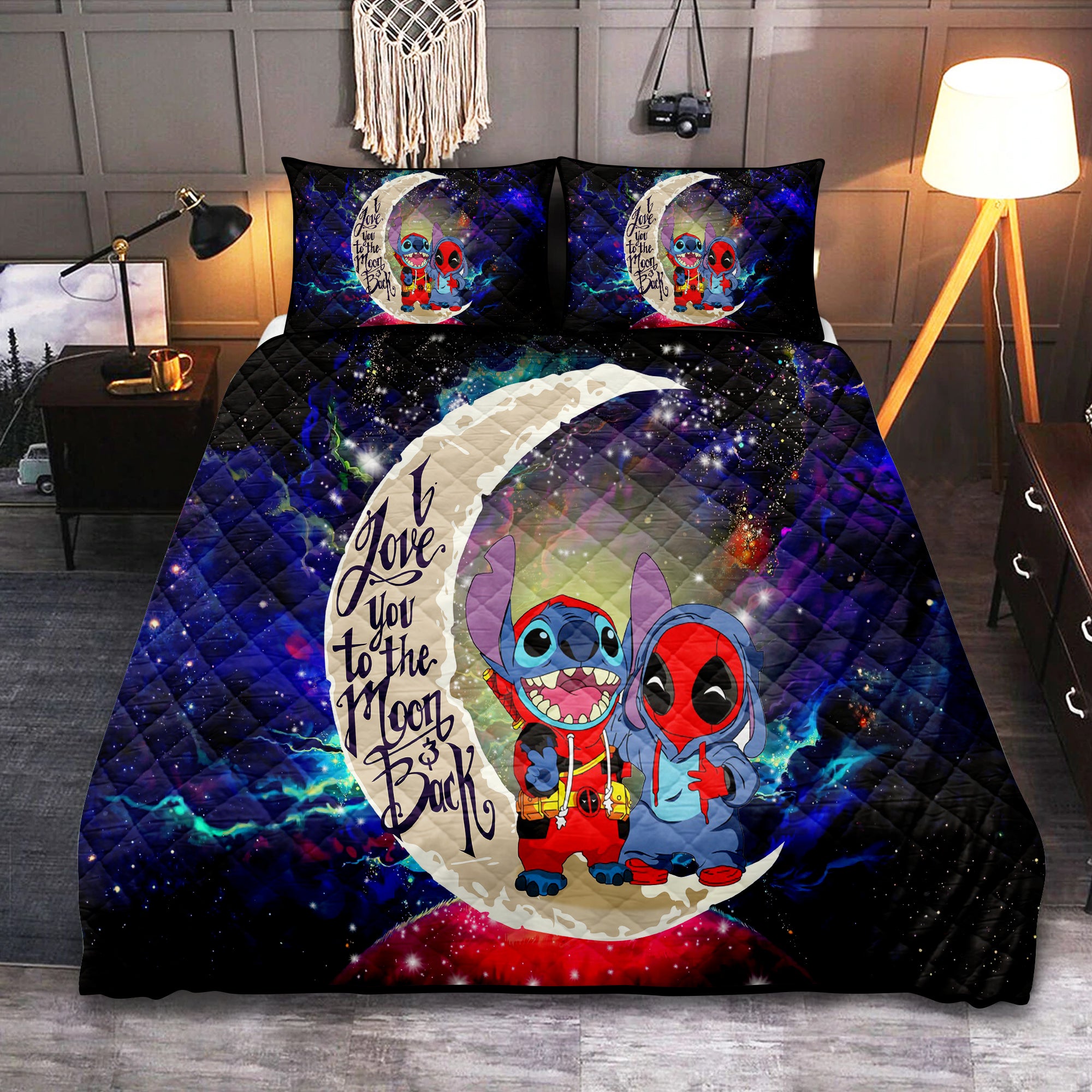 Cute Deadpool And Stitch Love You To The Moon Galaxy Quilt Bed Sets Nearkii