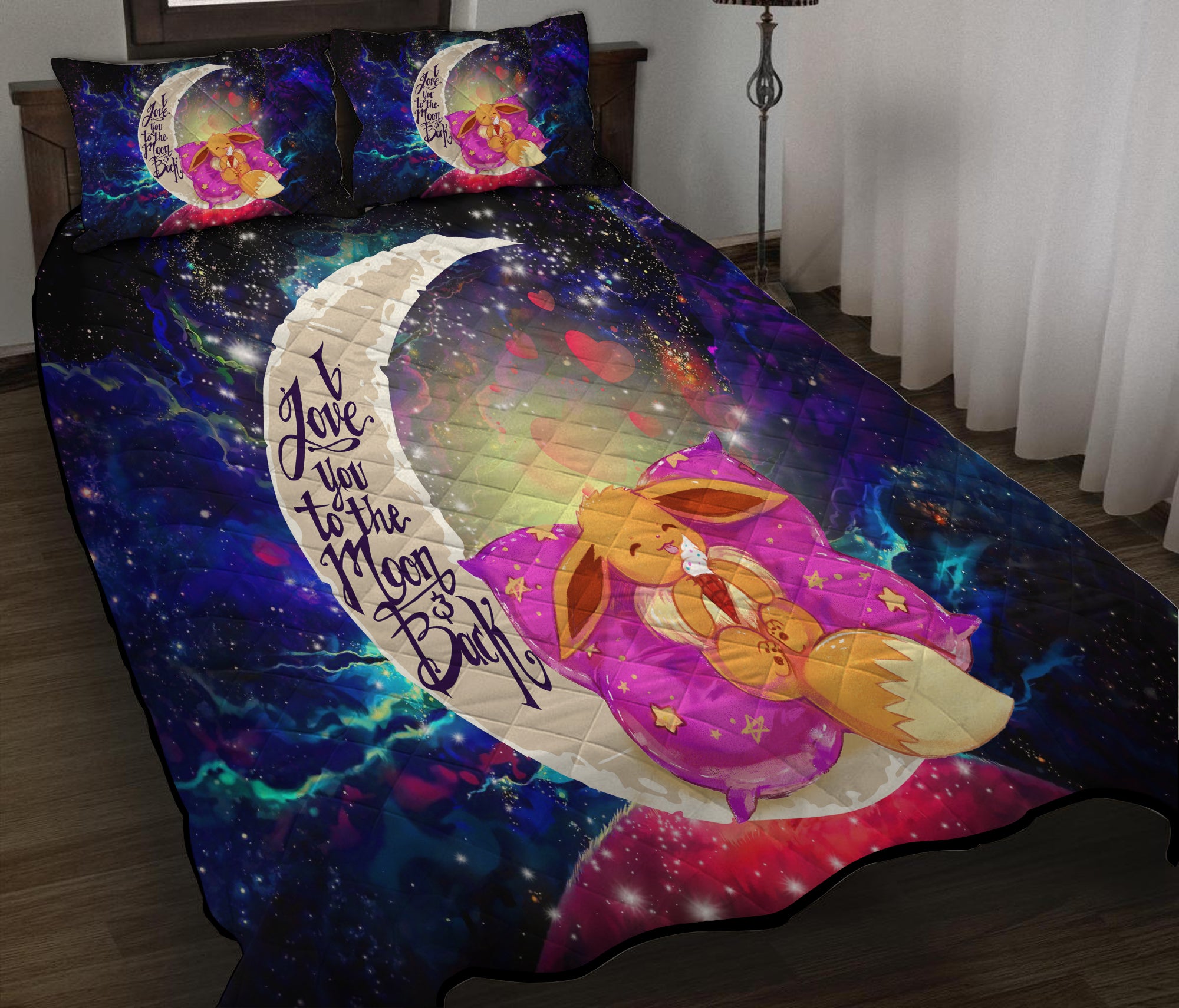 Cute Eevee Pokemon Sleep Night Love You To The Moon Galaxy Quilt Bed Sets Nearkii