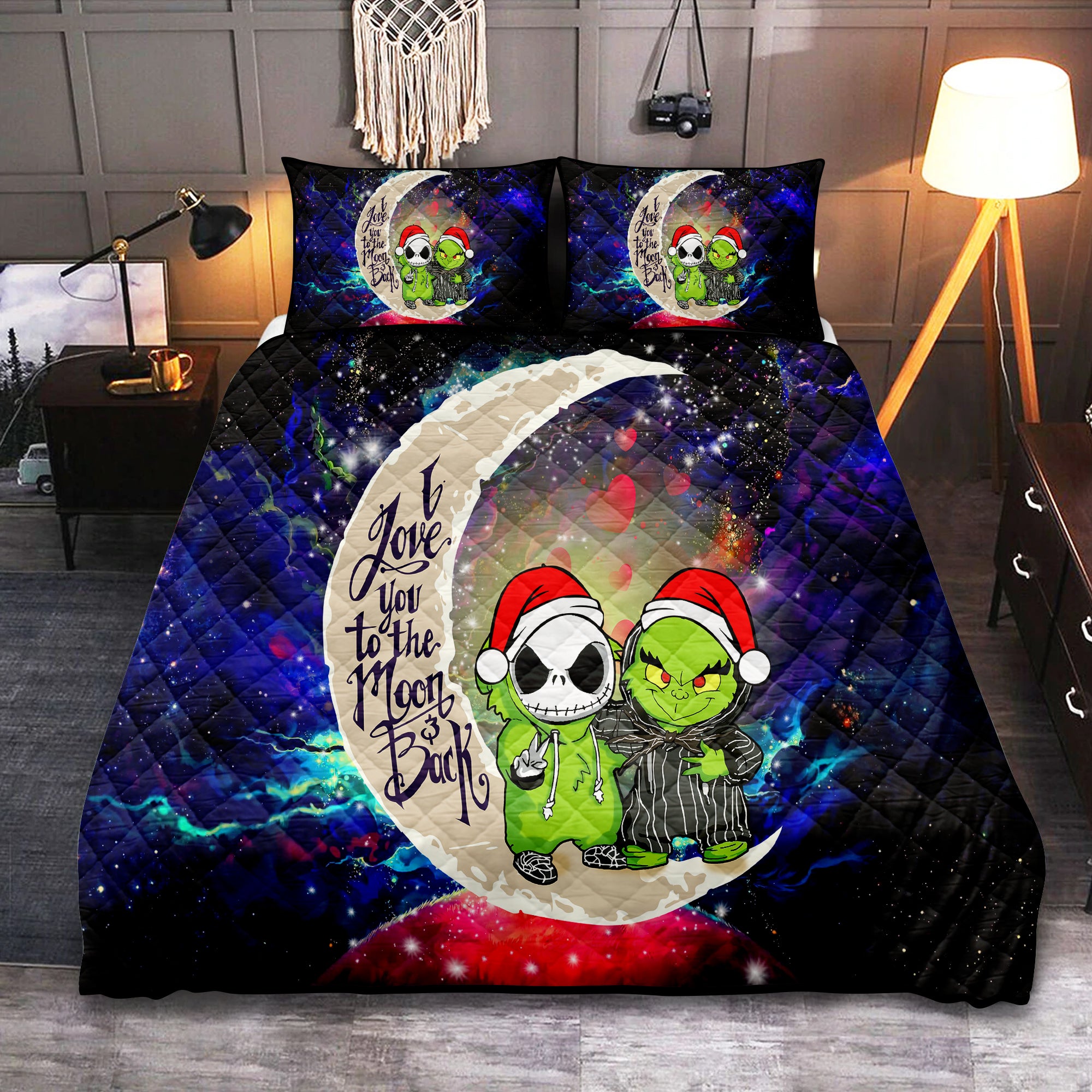 Grinch And Jack Nightmare Before Christmas Love You To The Moon Galaxy Quilt Bed Sets Nearkii