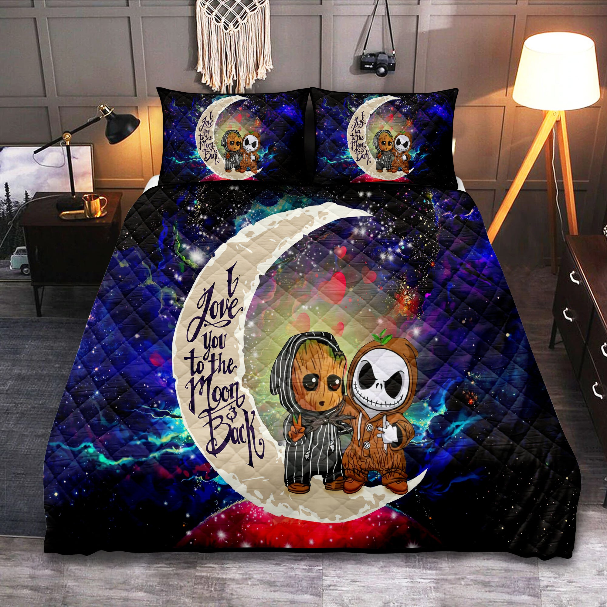Cute Baby Groot And Jack Nightmare Before Christmas Love You To The Moon Galaxy Quilt Bed Sets Nearkii