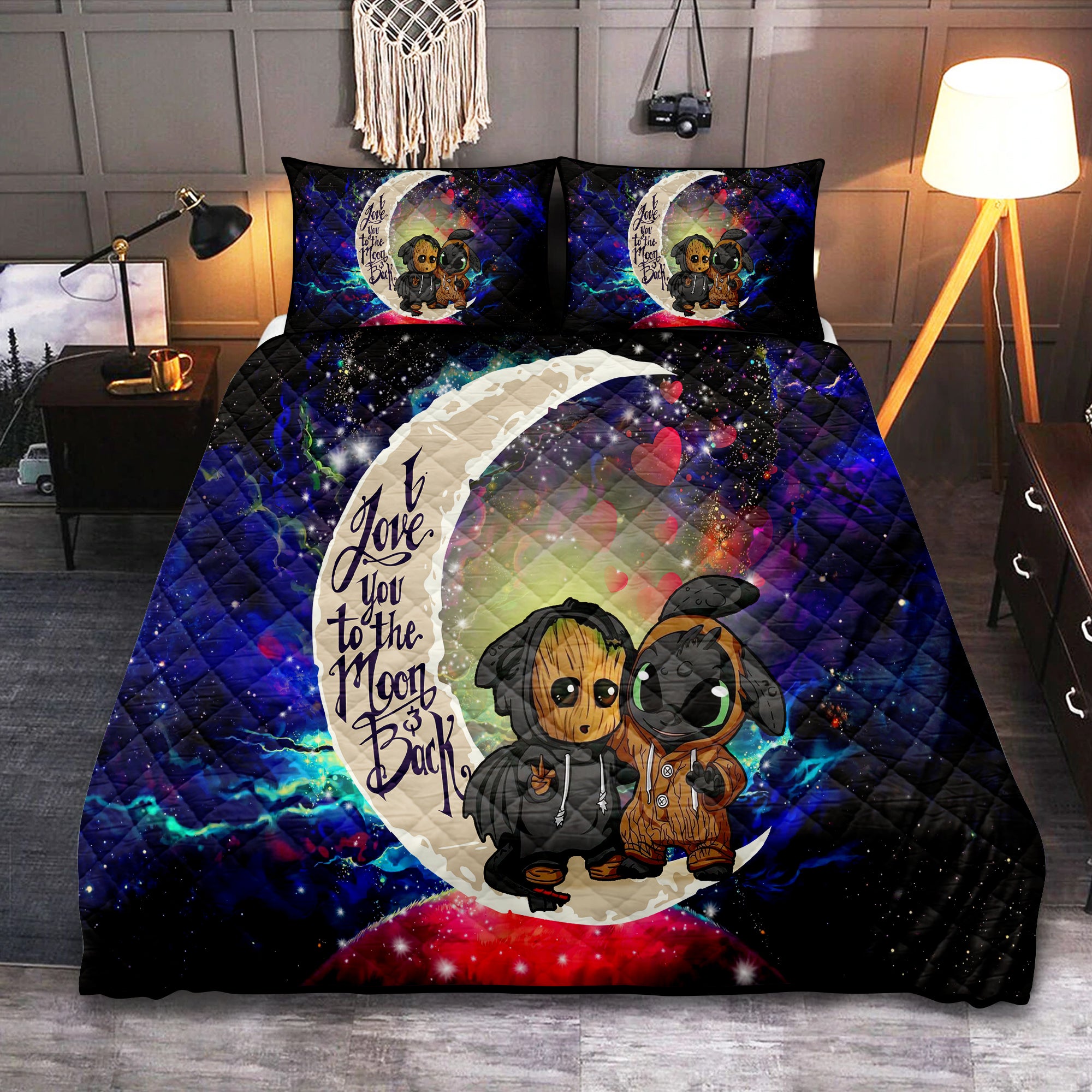 Groot And Toothless Love You To The Moon Galaxy Quilt Bed Sets Nearkii