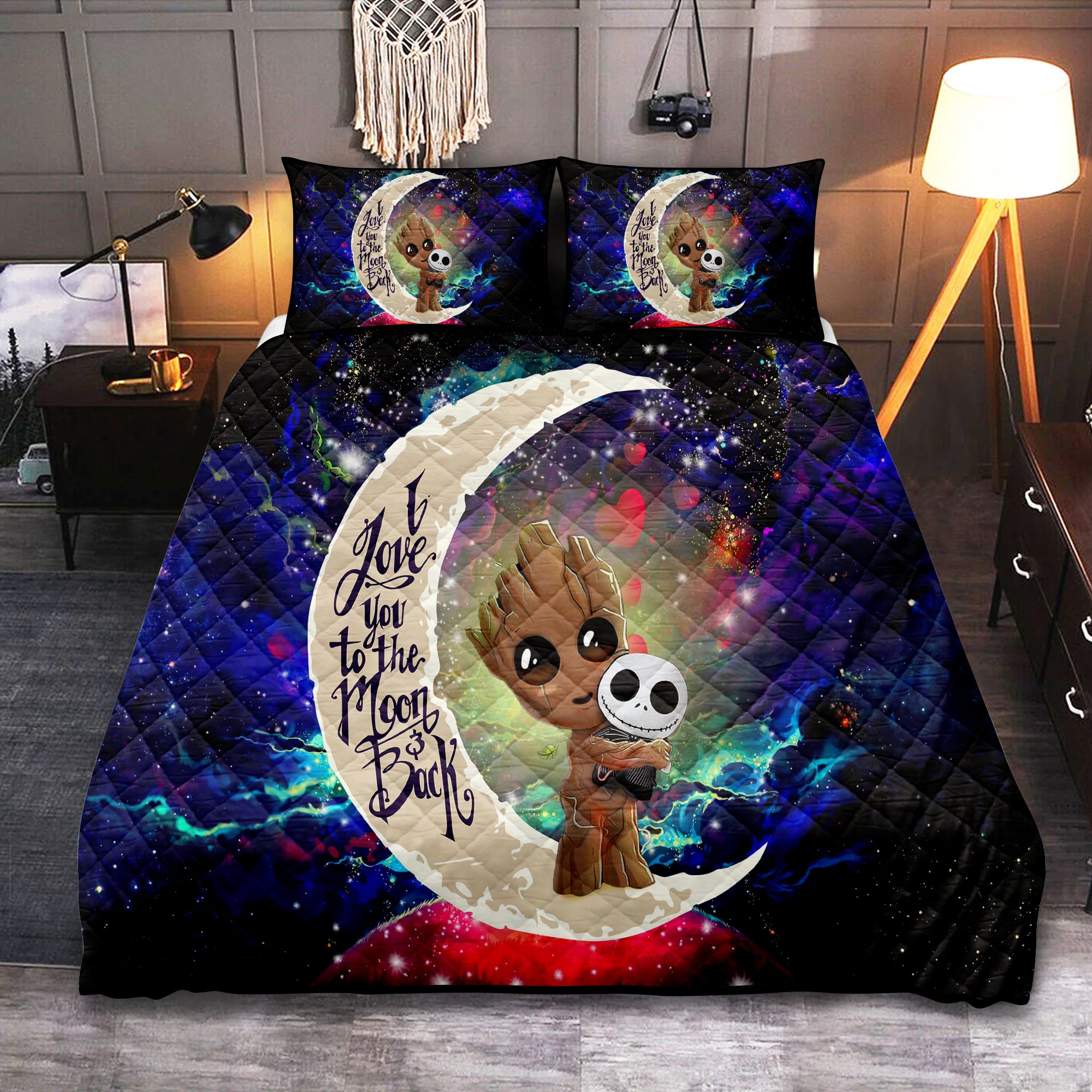 Groot Hold Jack Skelington Love You To The Moon Galaxy Quilt Bed Sets Nearkii