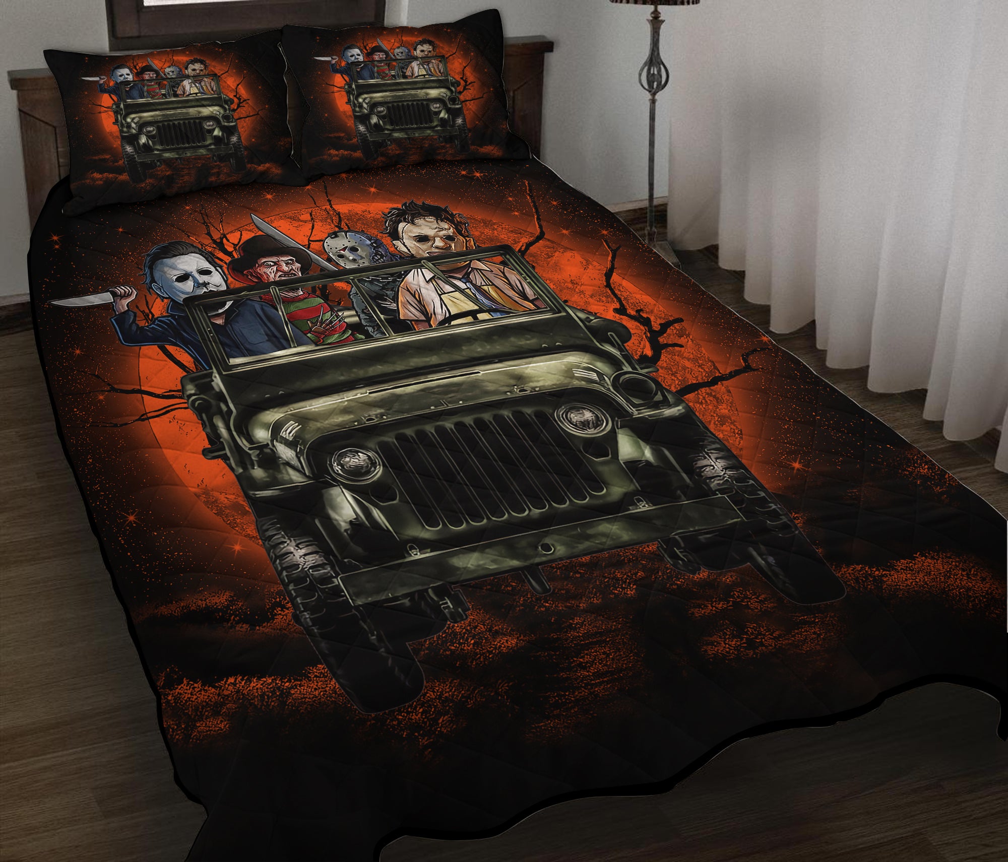 Halloween Horro Movie Ride Jeep Funny Moonlight Quilt Bed Sets Nearkii