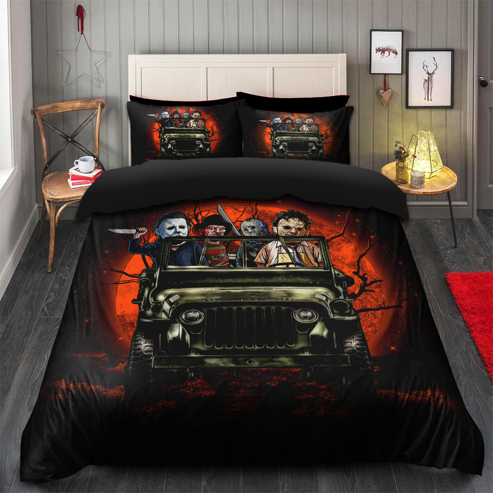 Halloween Horror Movies Ride Jeep Funny Moonlight Bedding Set Duvet Cover And 2 Pillowcases Nearkii