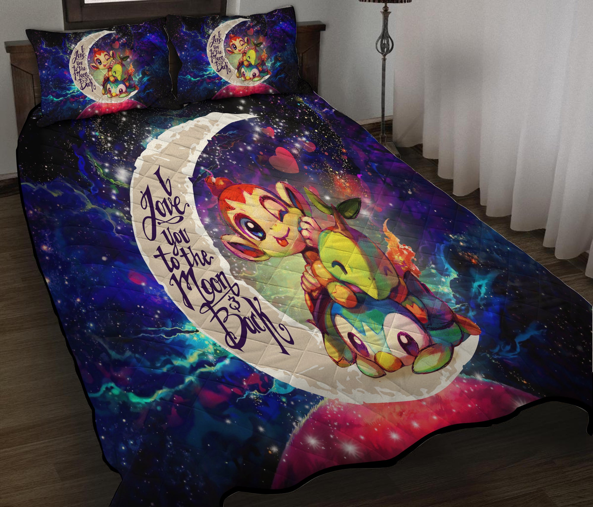 Piplup Turtwig And Chimchar Gen 4 Pokemon Love You To The Moon Galaxy Quilt Bed Sets Nearkii