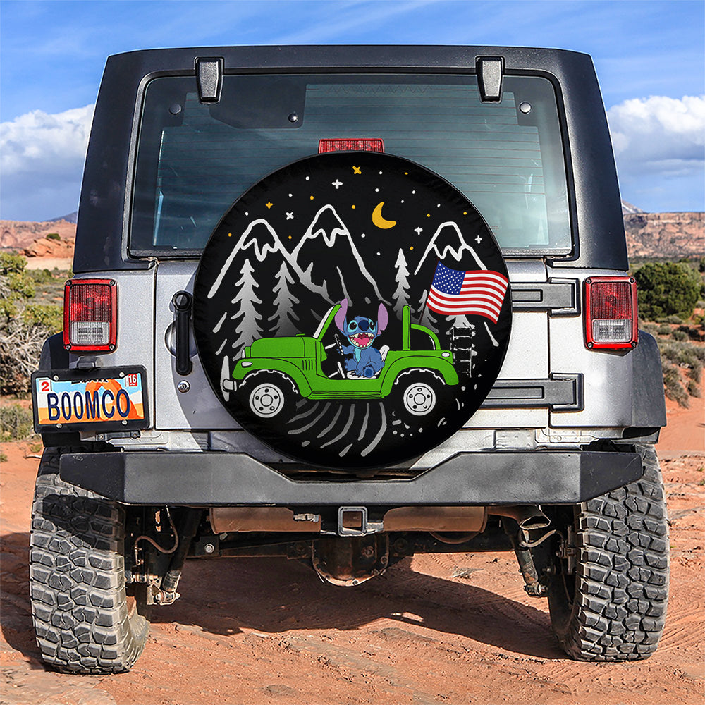 Stitch American Flag Ride Jeep Starry Night Green Car Spare Tire Covers Gift For Campers Nearkii