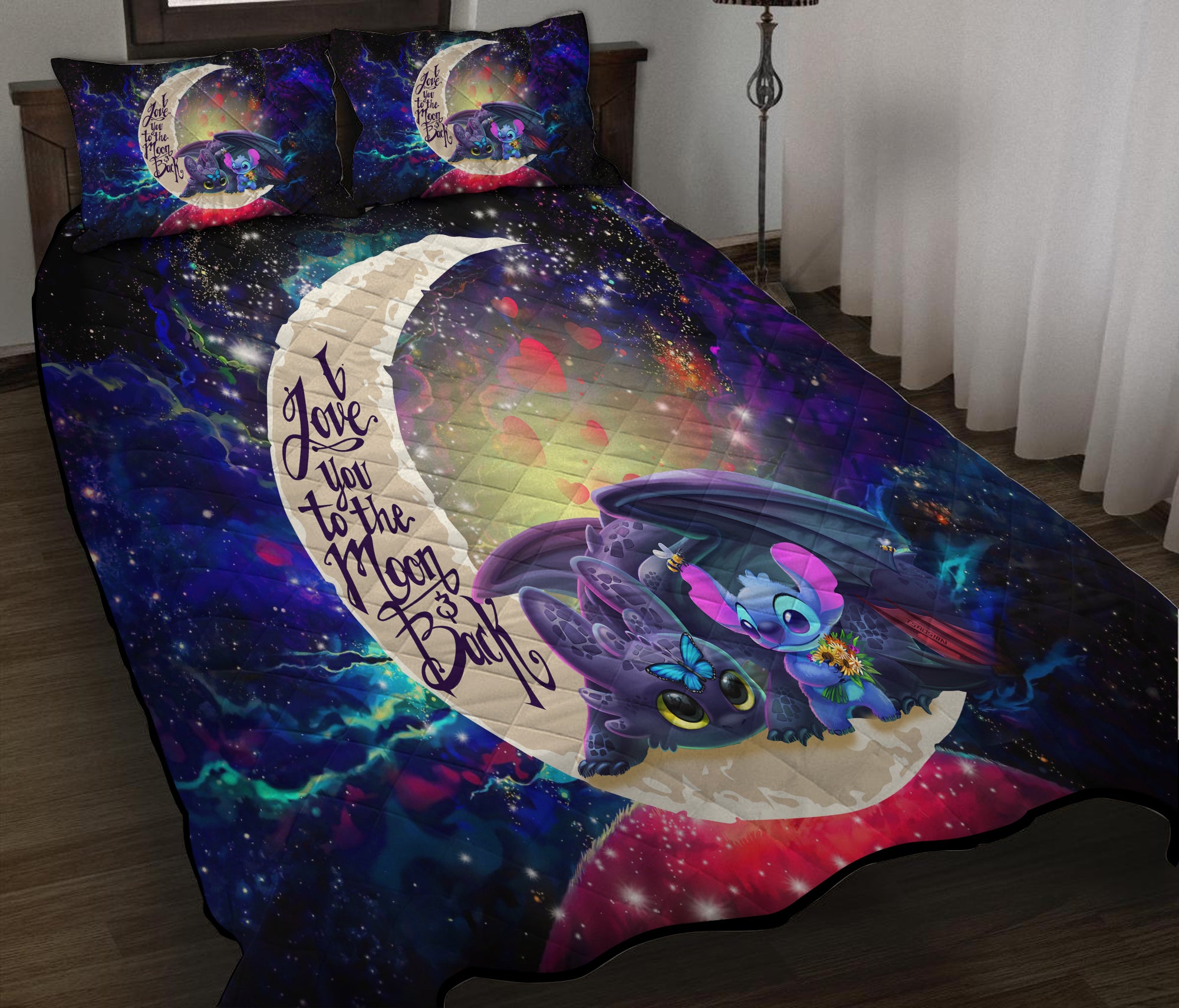 Stitch And Toothless Love You To The Moon Galaxy Quilt Bed Sets Nearkii