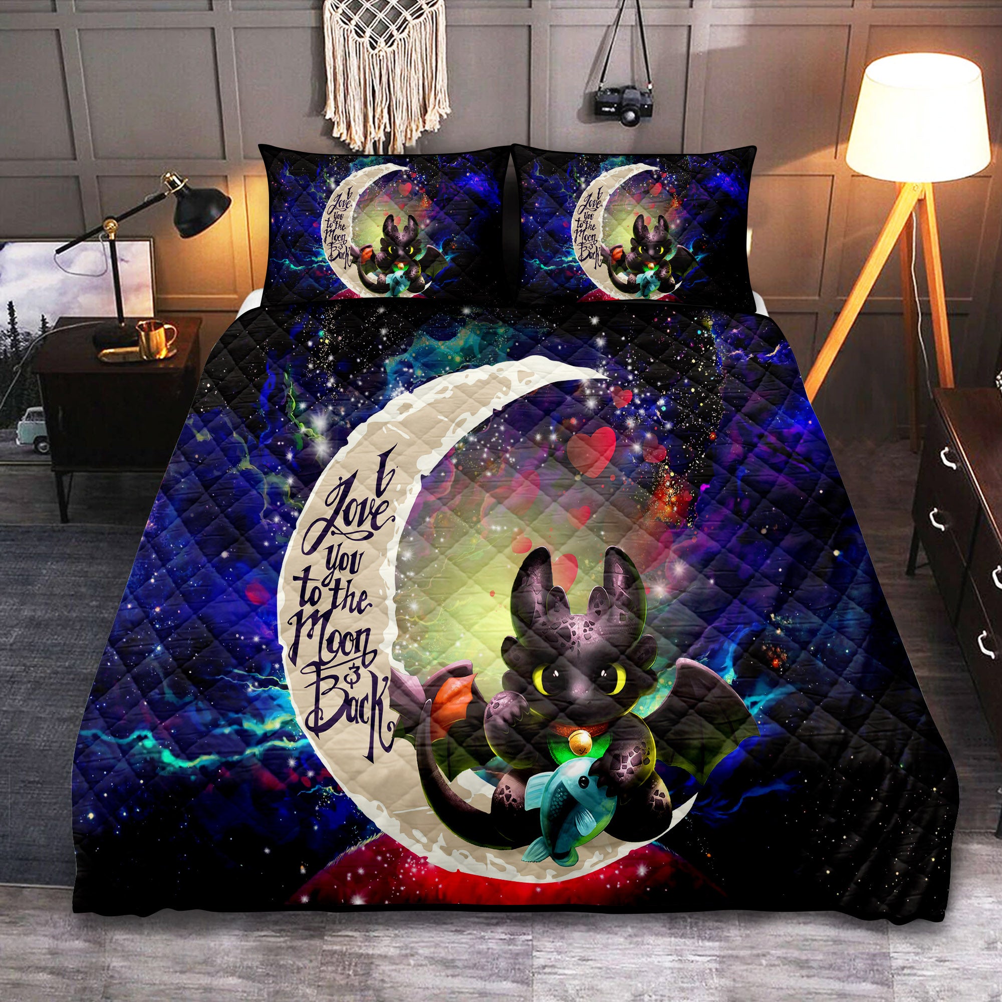 Toothless With Fish Love You To The Moon Galaxy Quilt Bed Sets Nearkii