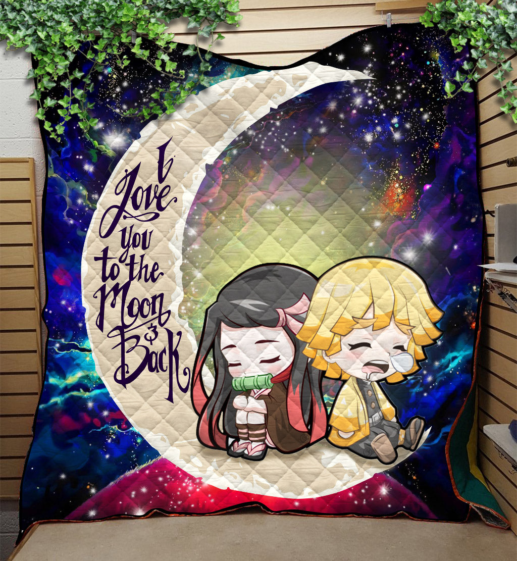 Zenitsu And Nezuko Chibi Demon Slayer Love You To The Moon Galaxy Quilt Blanket Nearkii