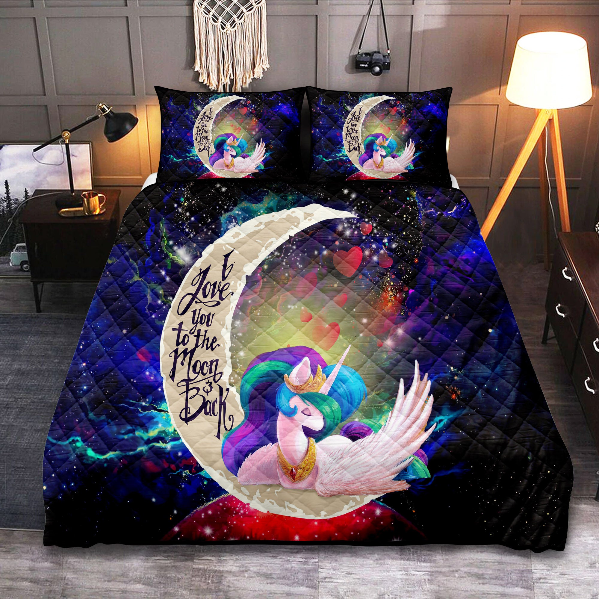Beauty Unicorn Love You To The Moon Galaxy Quilt Bed Sets Nearkii