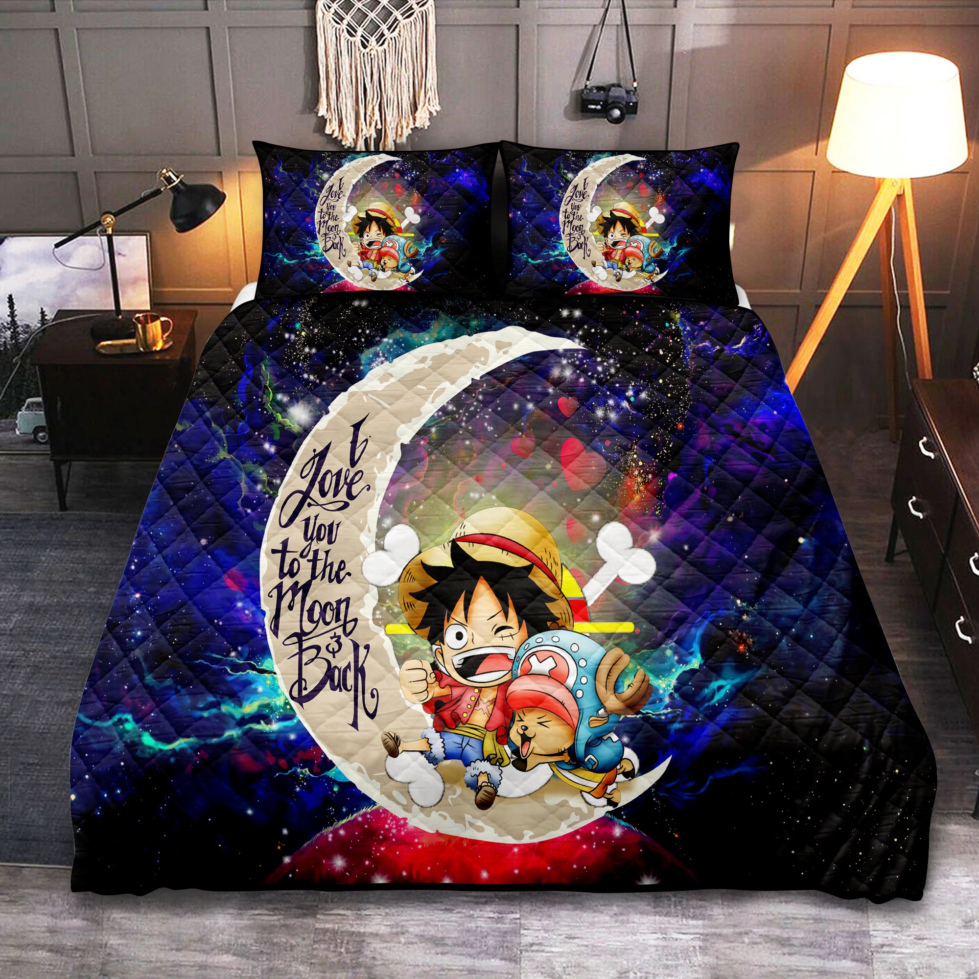 Chibi Luffy And Chopper One Piece Anime Love You To The Moon Galaxy Quilt Bed Sets Nearkii