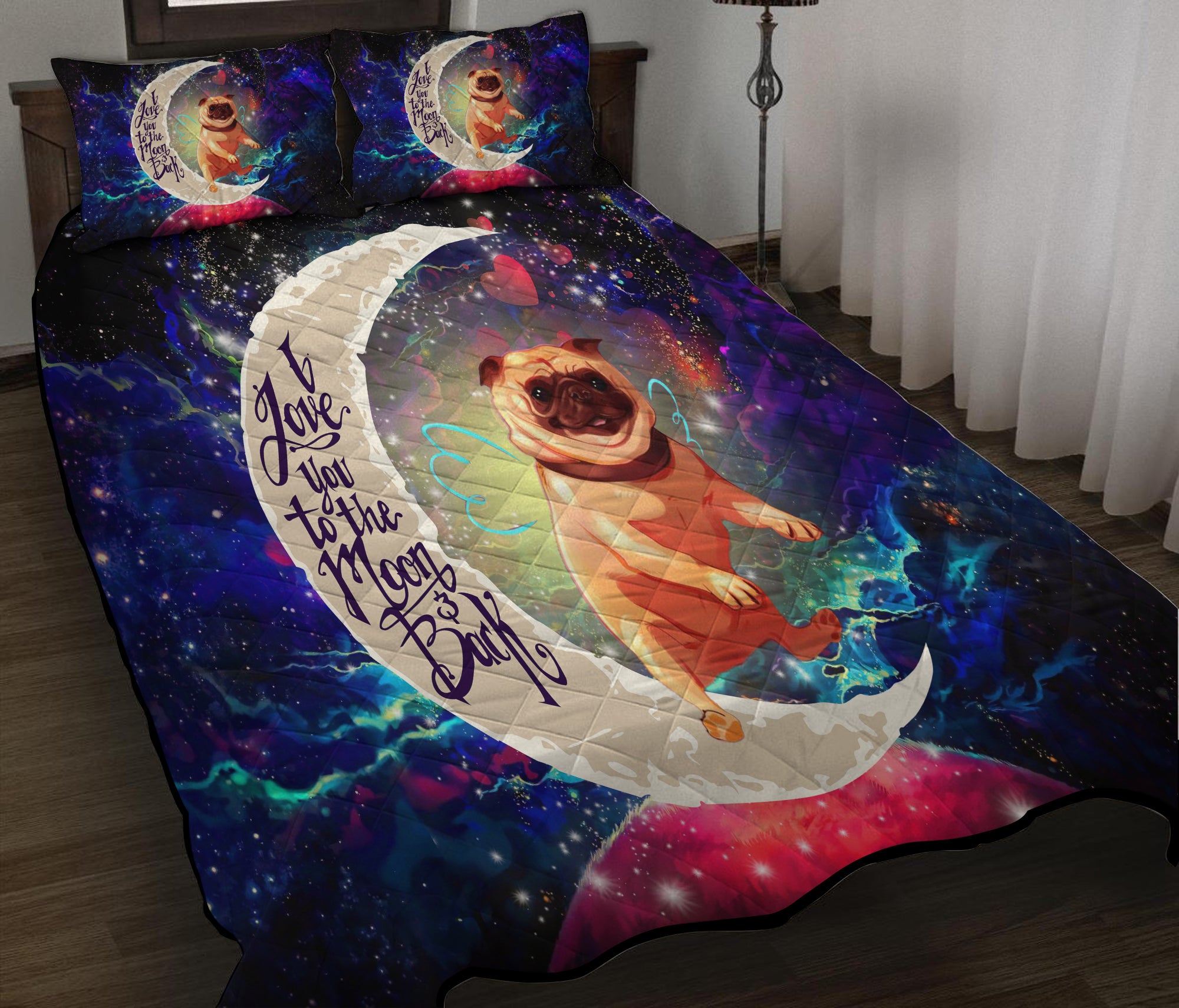 Cute Bull Dog Love You To The Moon Galaxy Quilt Bed Sets Nearkii