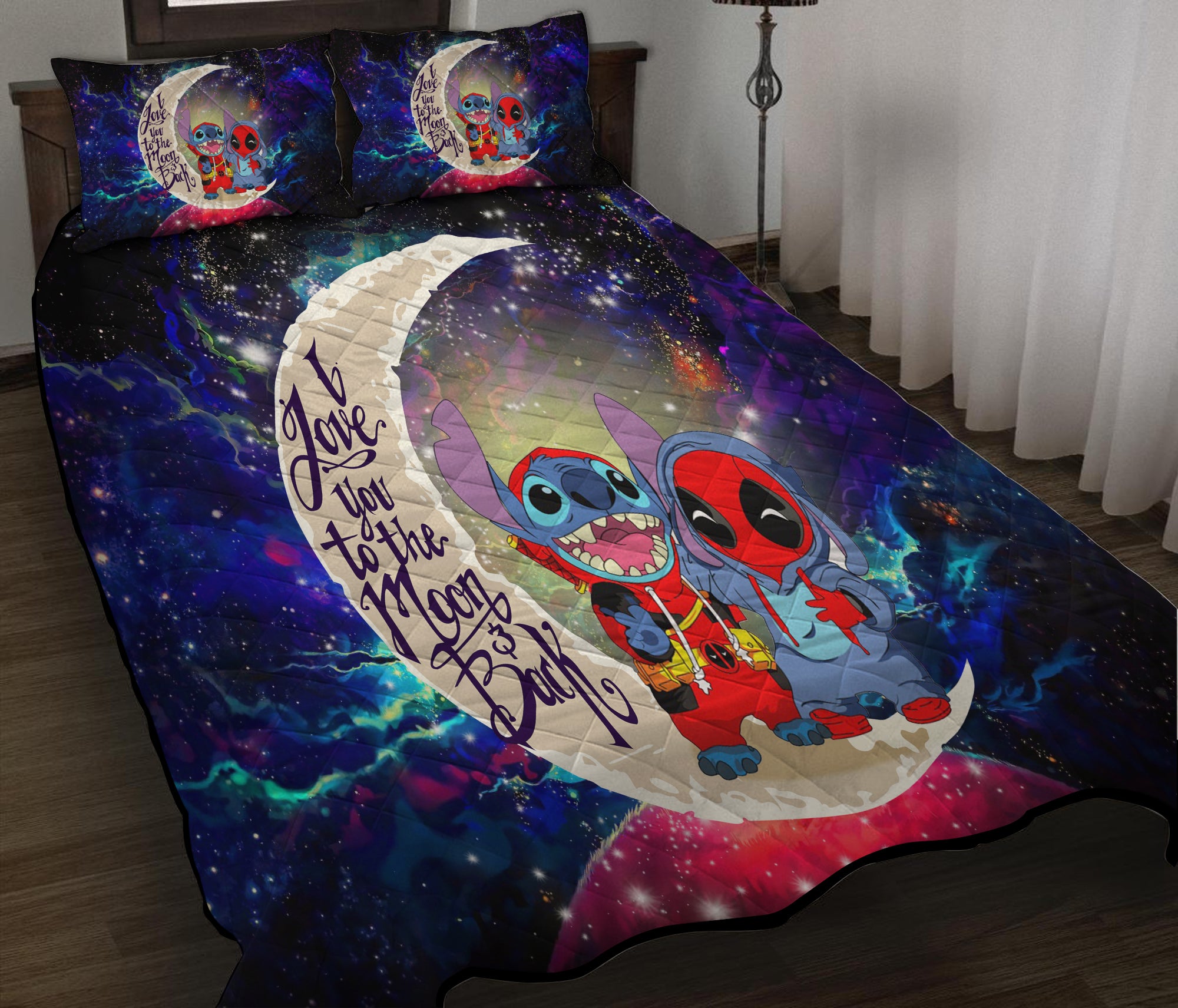 Cute Deadpool And Stitch Love You To The Moon Galaxy Quilt Bed Sets Nearkii