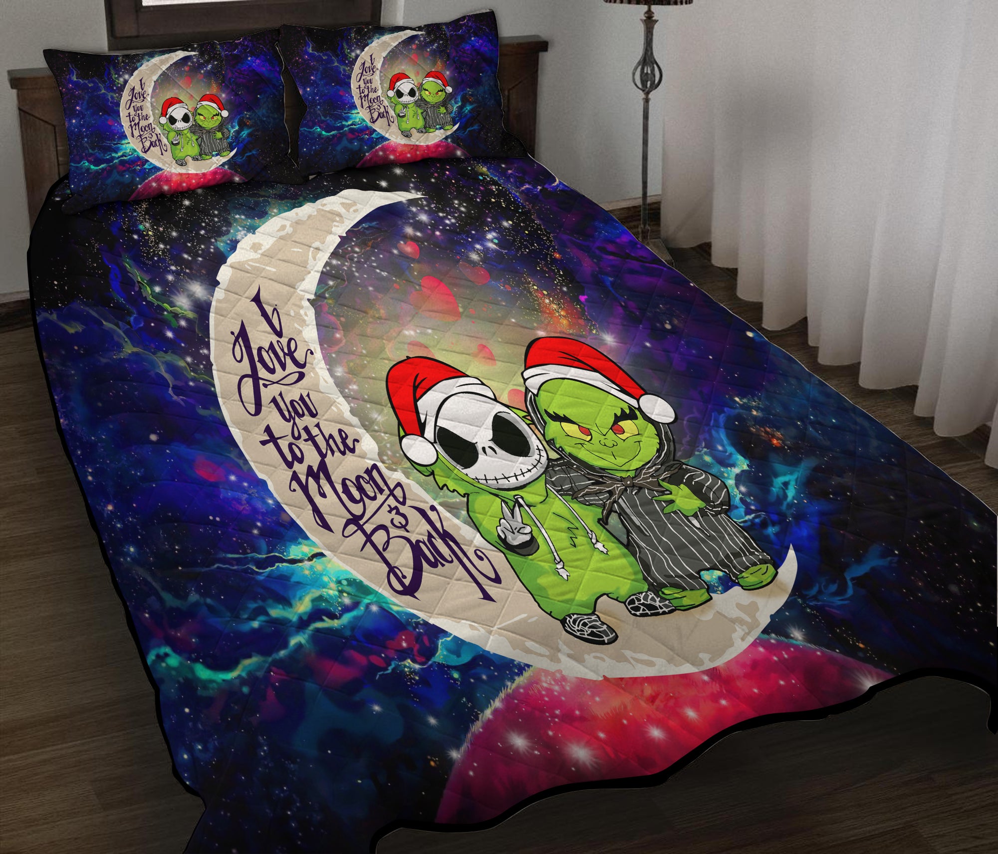 Grinch And Jack Nightmare Before Christmas Love You To The Moon Galaxy Quilt Bed Sets Nearkii