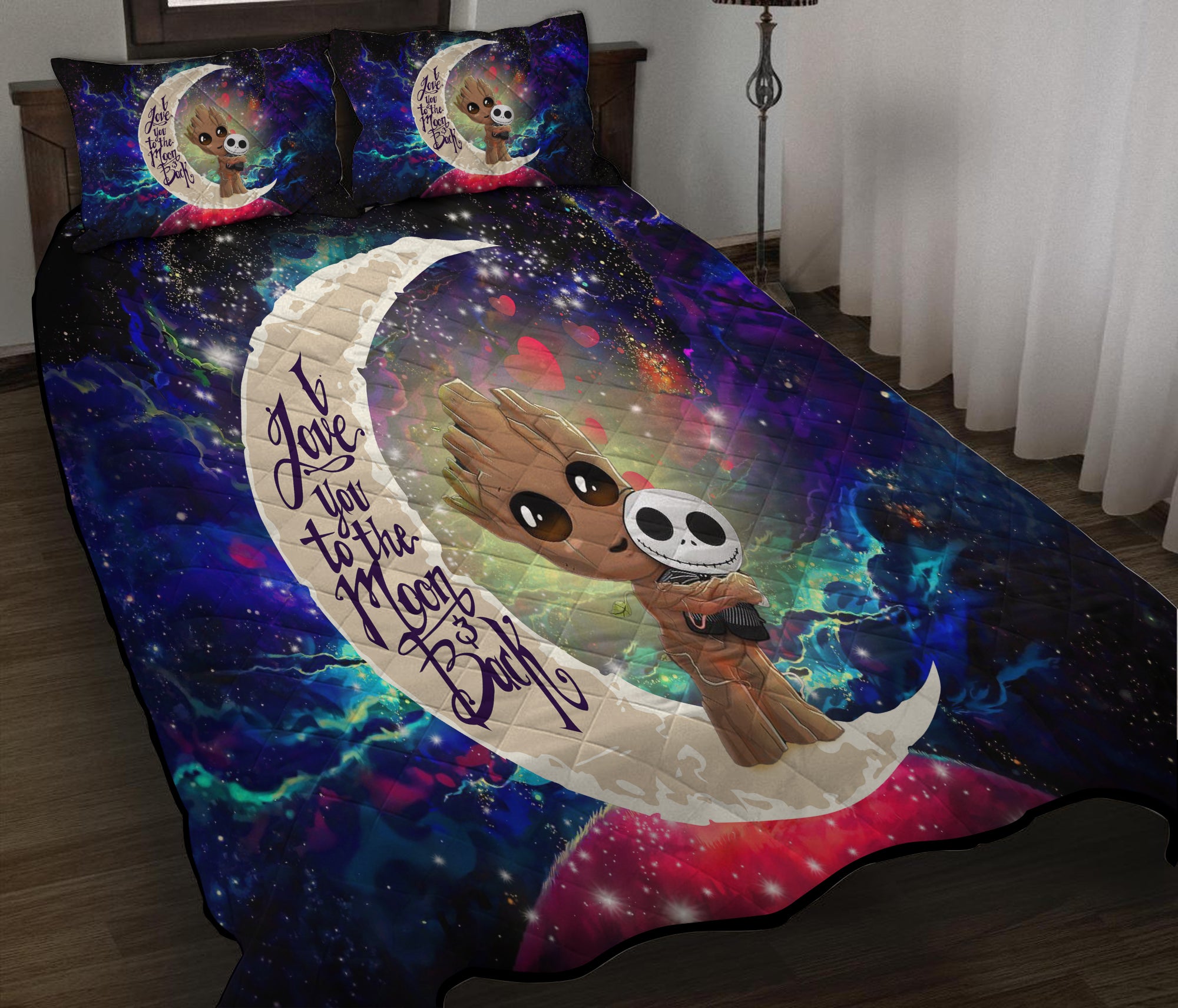Groot Hold Jack Skelington Love You To The Moon Galaxy Quilt Bed Sets Nearkii