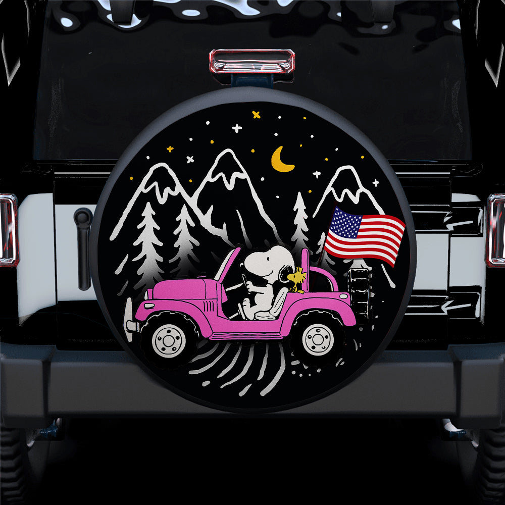 Snoopy Pink Jeep US Flag Mountain Car Spare Tire Covers Gift For Campers Nearkii