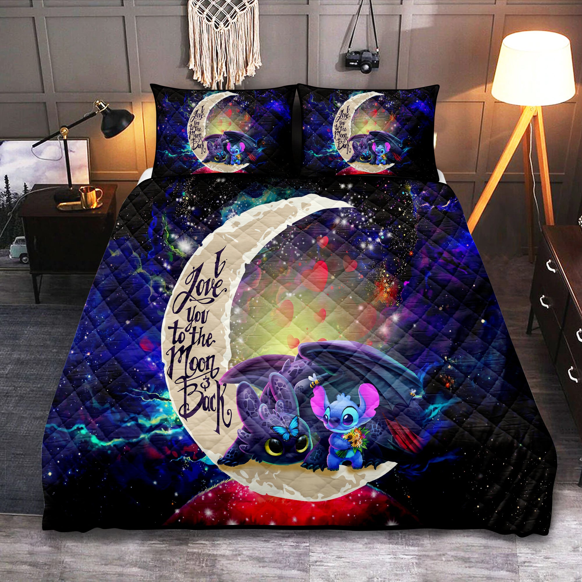 Stitch And Toothless Love You To The Moon Galaxy Quilt Bed Sets Nearkii