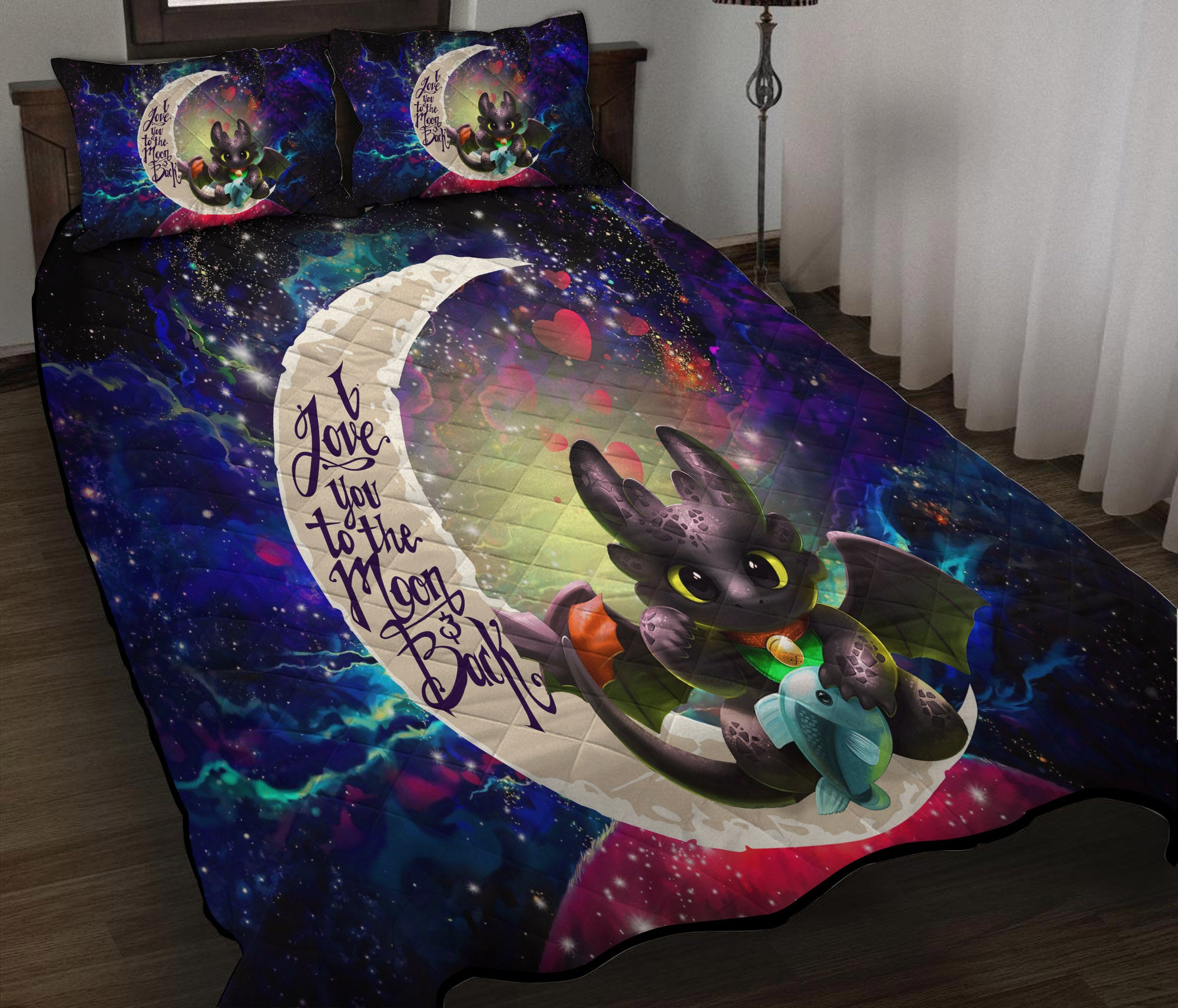 Toothless With Fish Love You To The Moon Galaxy Quilt Bed Sets Nearkii