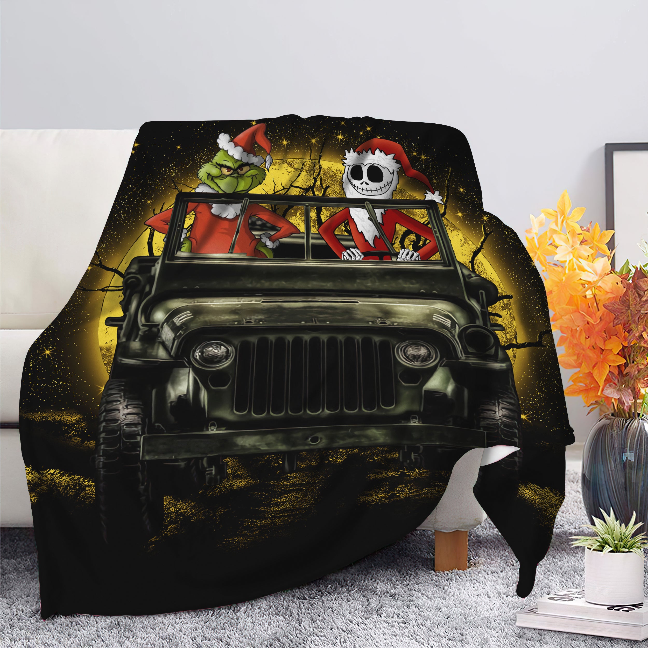 Jack Nightmare Before Christmas And Grinch Ride Jeep Moonlight Hallowwen Premium Blanket Nearkii