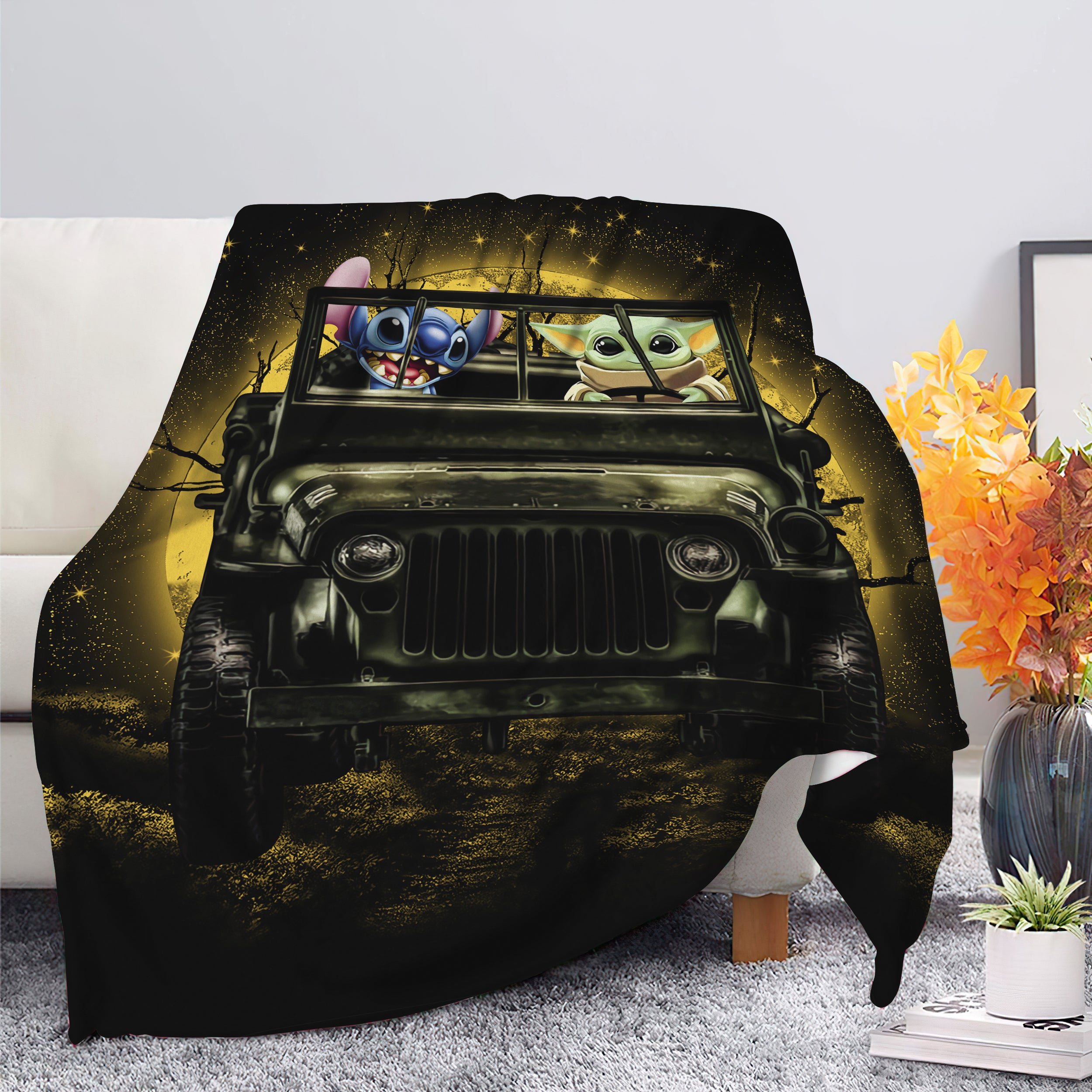 Stitch And Baby Yoda Ride Jeep Moonlight Halloween Funny Premium Blanket Nearkii