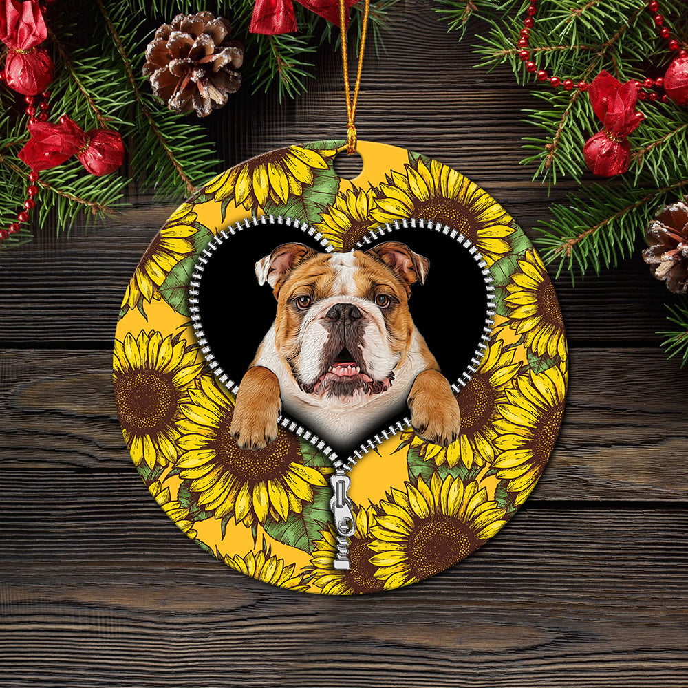 Bull Dog Sunflower Zipper Mica Circle Ornament Perfect Gift For Holiday Nearkii